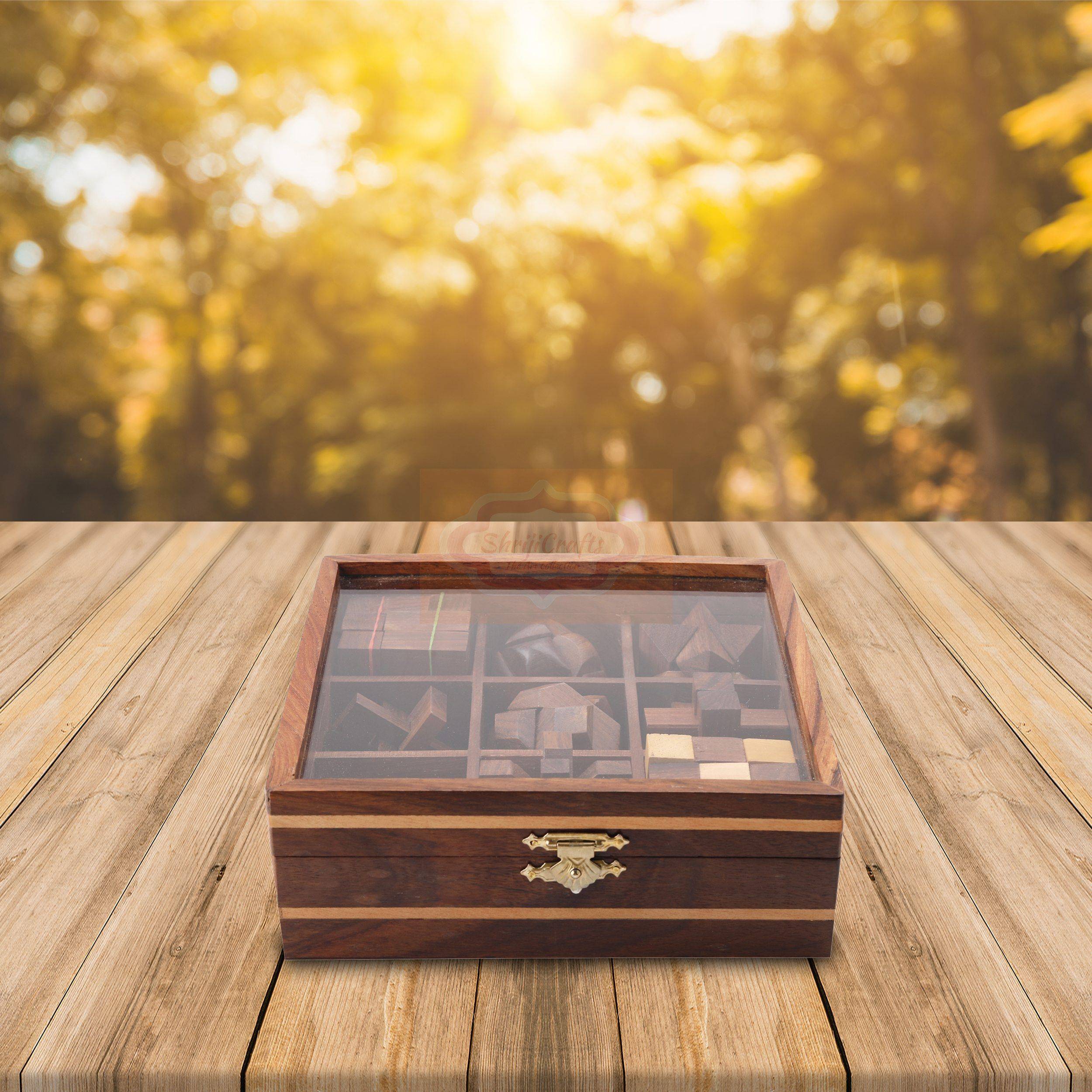 Handcrafted 9-in-1 wooden puzzle set featuring a premium glass lid storage box — handcrafted wooden product by Shrijicrafts