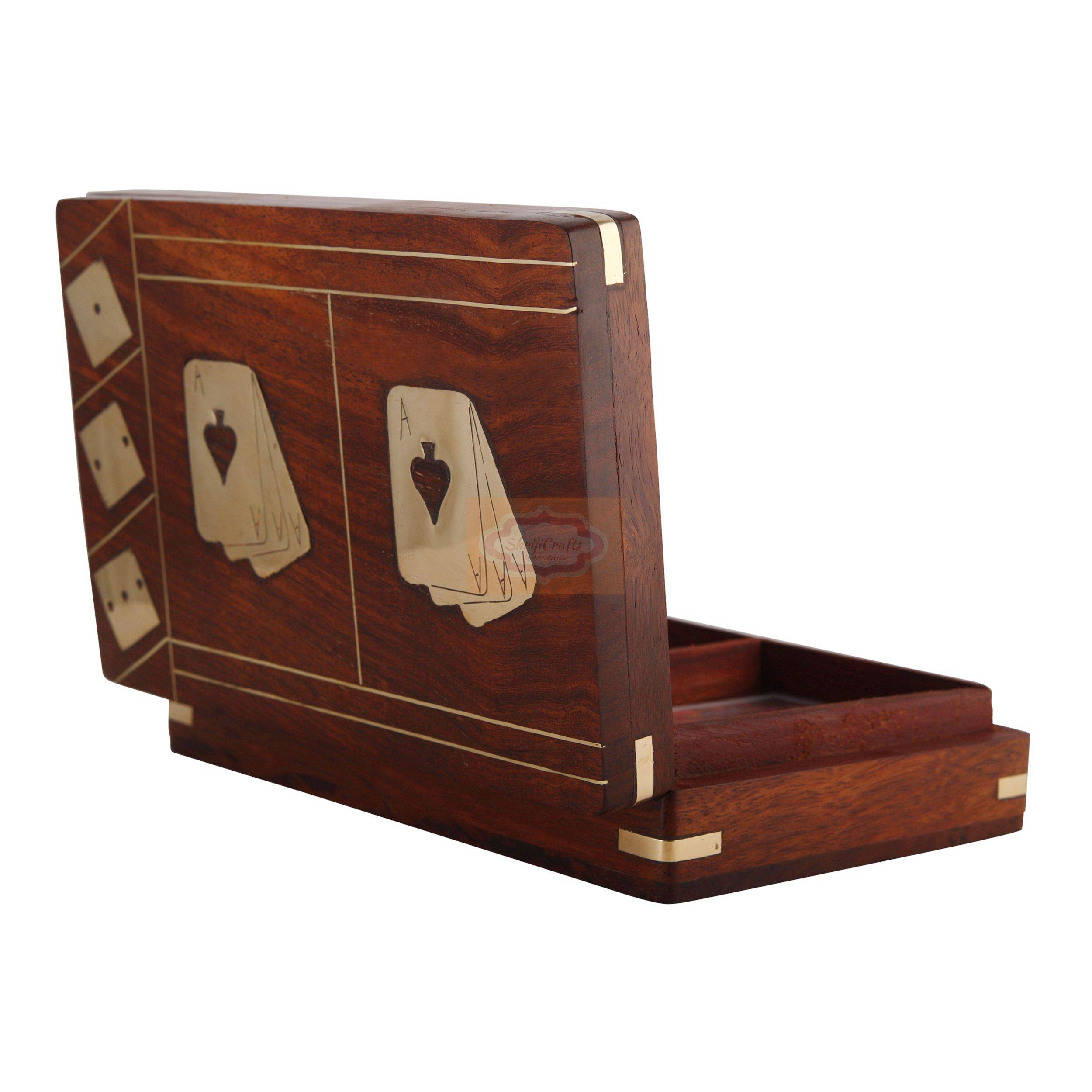 Handcrafted wooden playing card box designed to store 2 decks of cards and 5 dice - View 3
