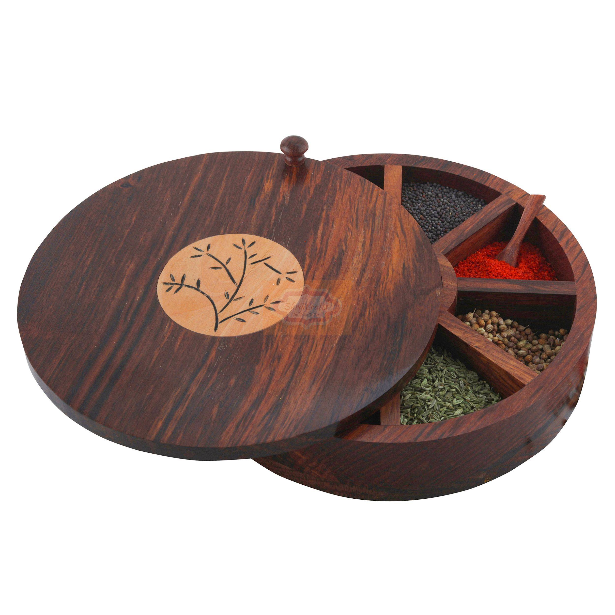 Handcrafted wooden spice box with a convenient rotating lid and multiple compartments - View 2
