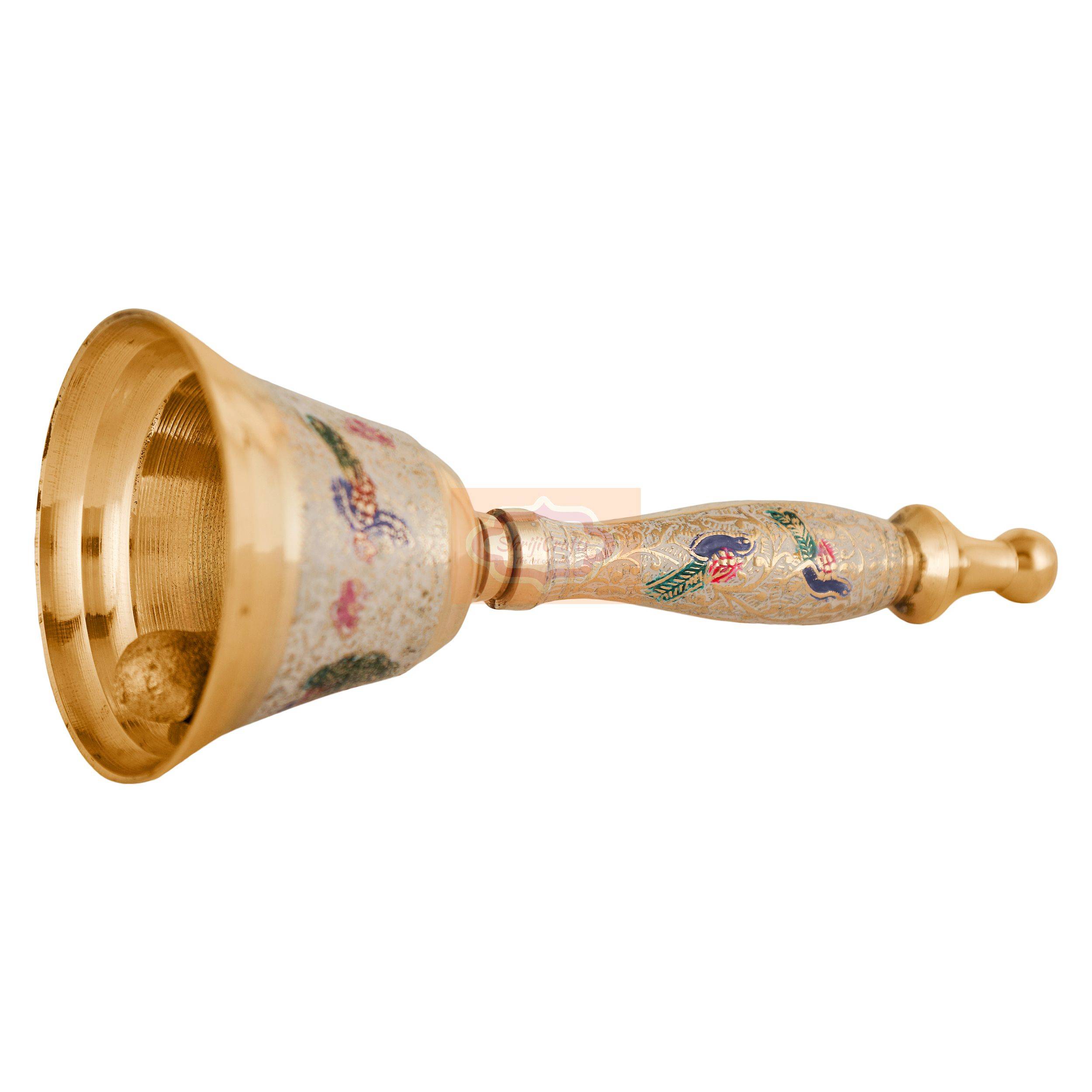 Handcrafted Peacock Printed Brass Hand Bell with vibrant decorative artwork - View 3