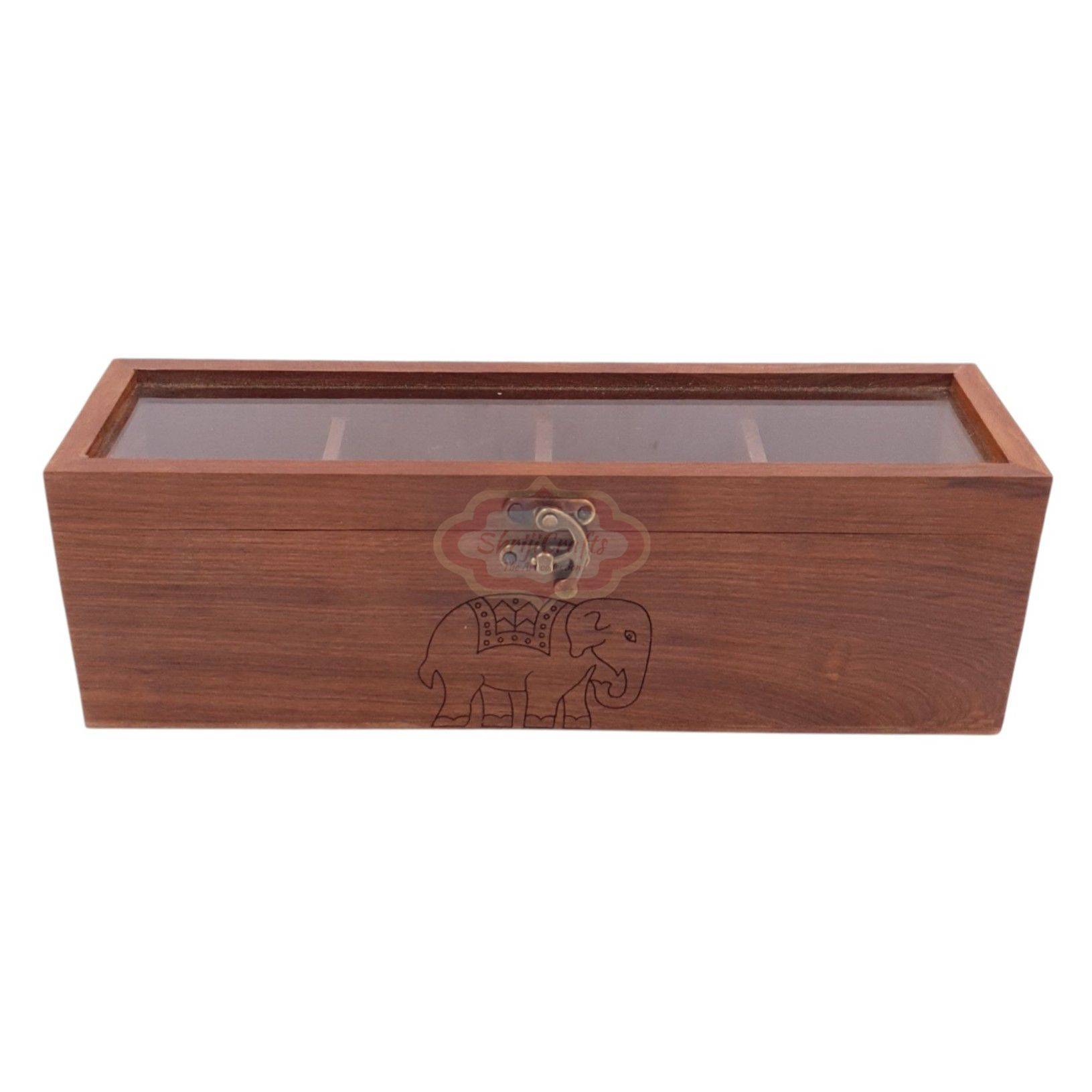 Handcrafted wooden tea bag organizer with 4 spacious compartments and a glass lid - View 5
