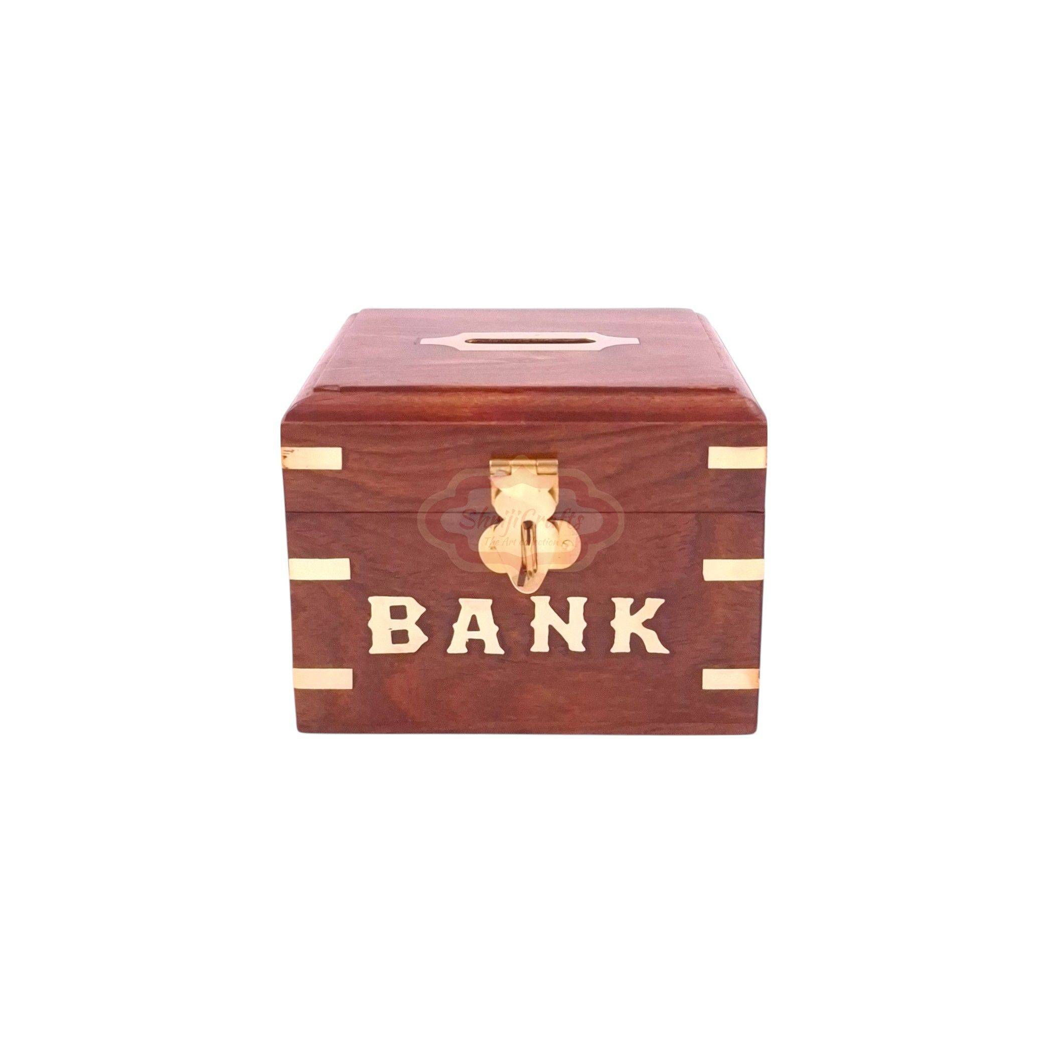 Handcrafted wooden money bank with a coin slot, secure lock, and key - View 2