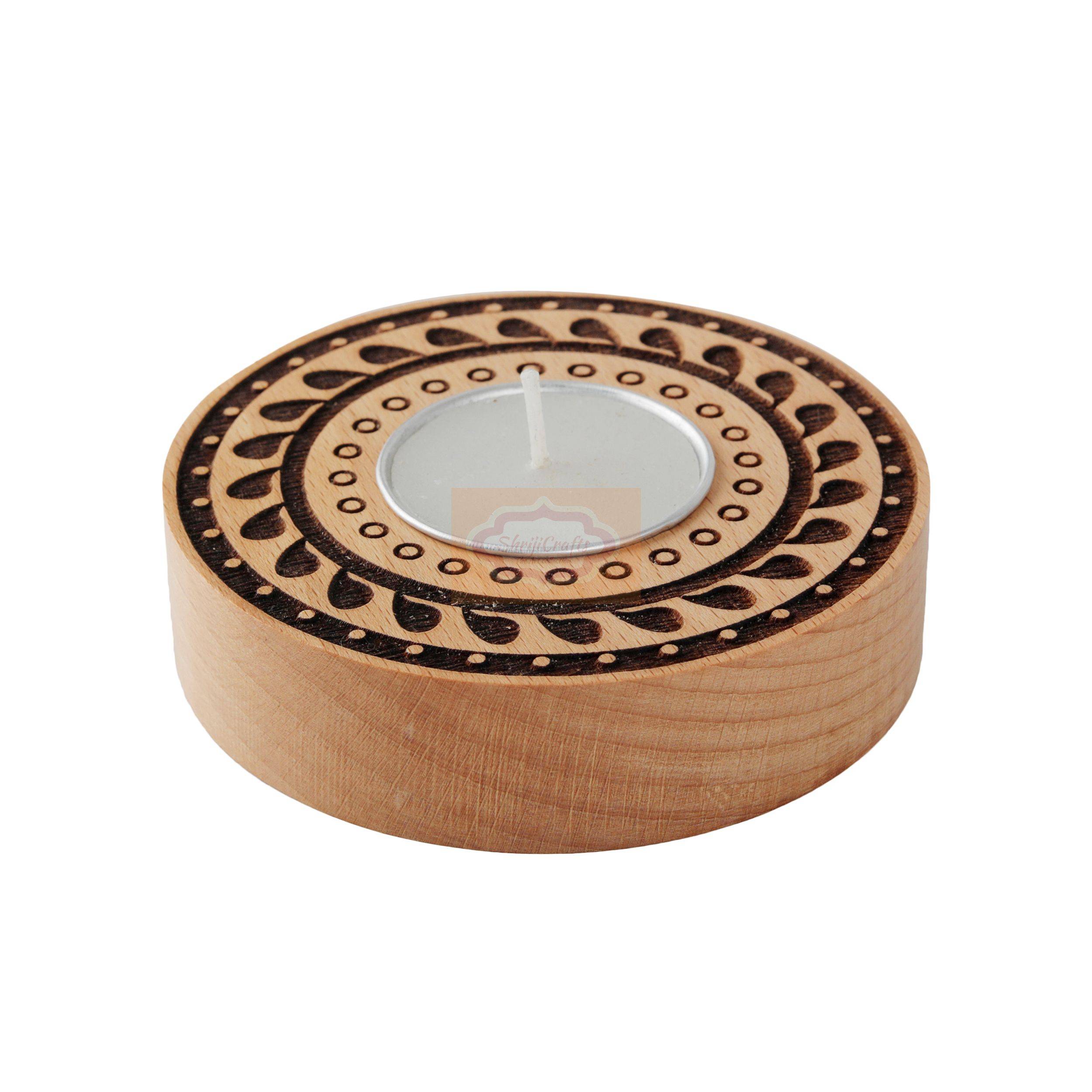 Handcrafted wooden tealight candle holder with intricate carved detailing - View 3