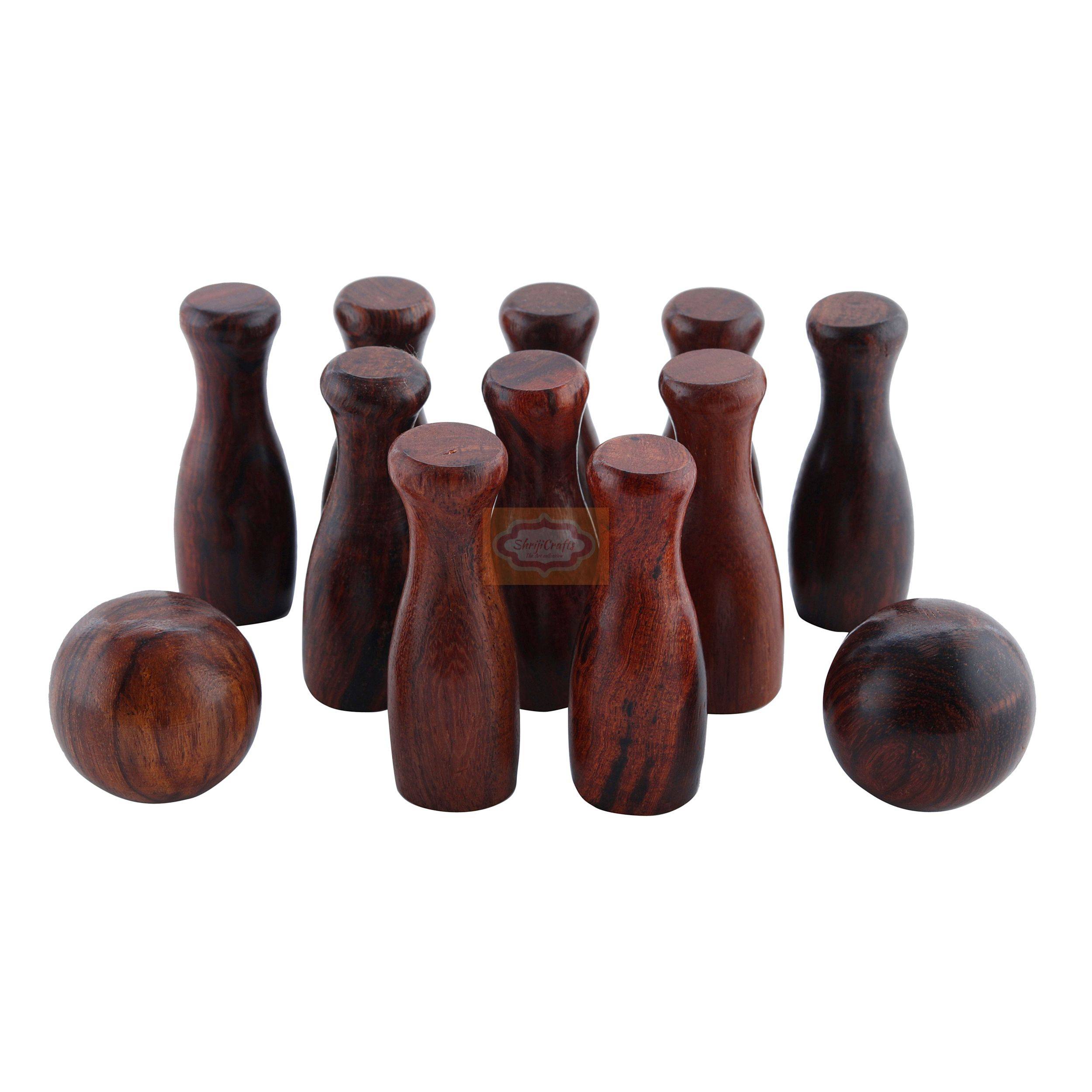 Handcrafted wooden mini bowling set with 10 bowling pins, 2 bowling balls, and a stylish storage box - View 6