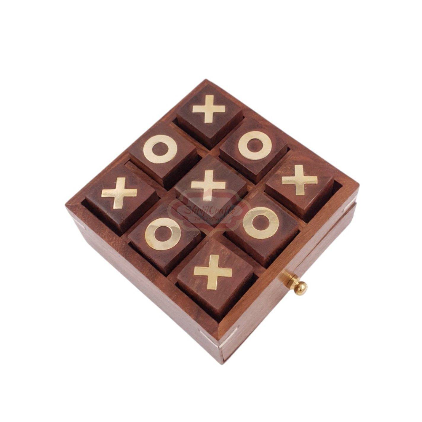 Handcrafted 3-in-1 wooden game box featuring Tic Tac Toe, playing card storage, and 5 dice storage - View 5