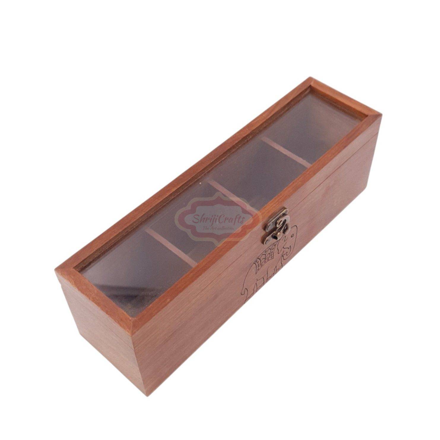 Handcrafted wooden tea bag organizer with 4 spacious compartments and a glass lid - View 4