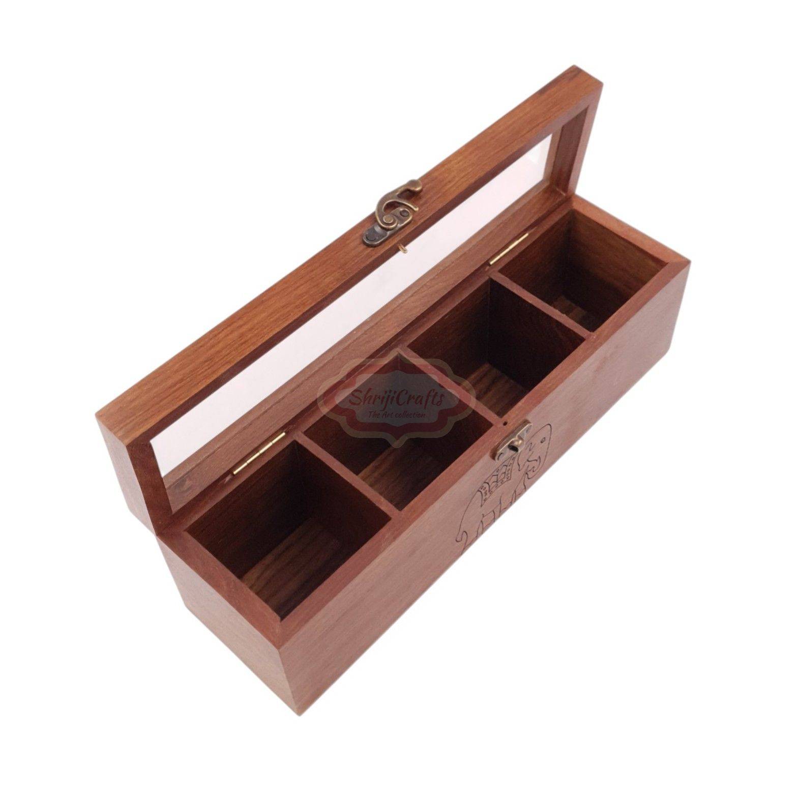 Handcrafted wooden tea bag organizer with 4 spacious compartments and a glass lid - View 2
