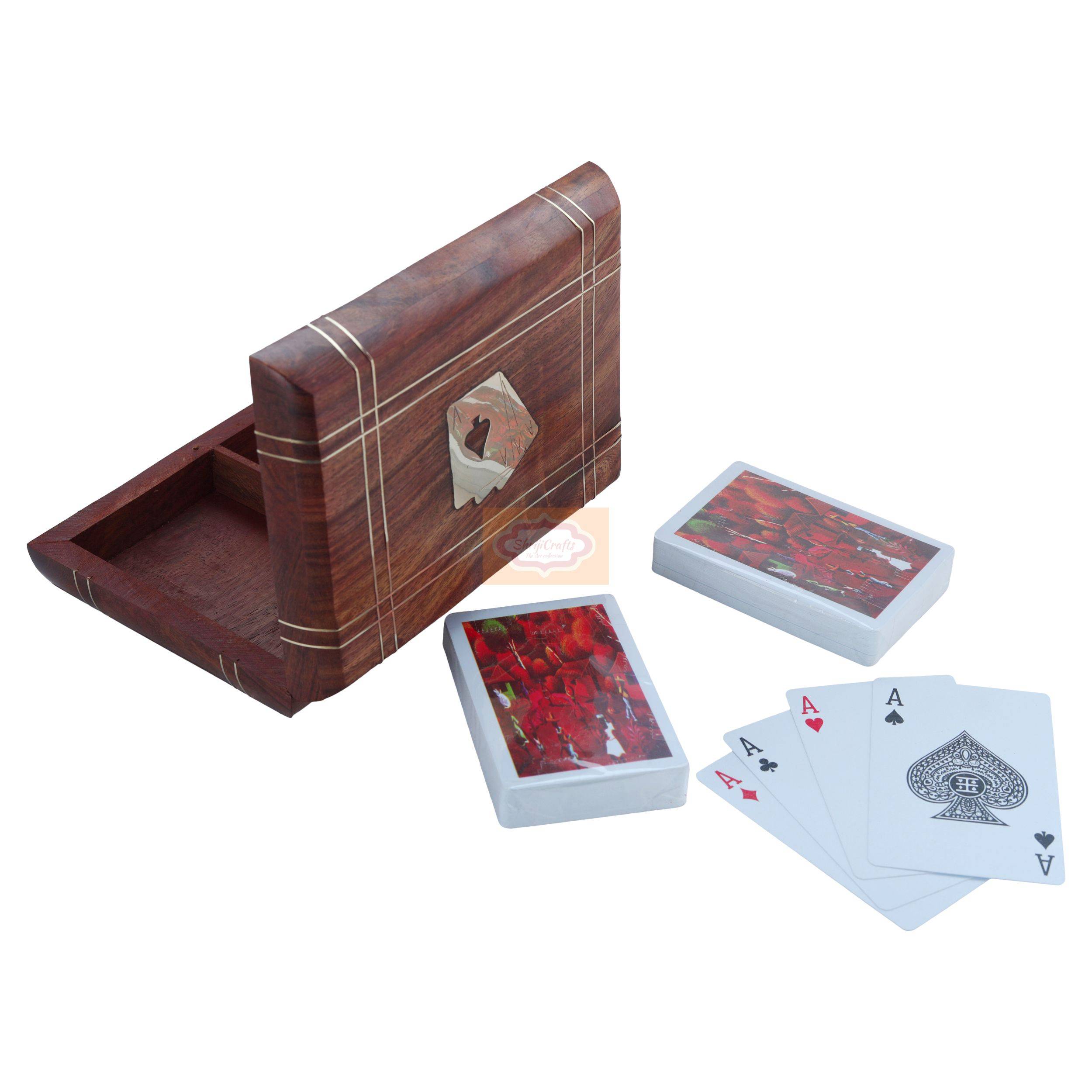 Elegant handcrafted wooden card box designed to store 2 standard decks of playing cards - View 2