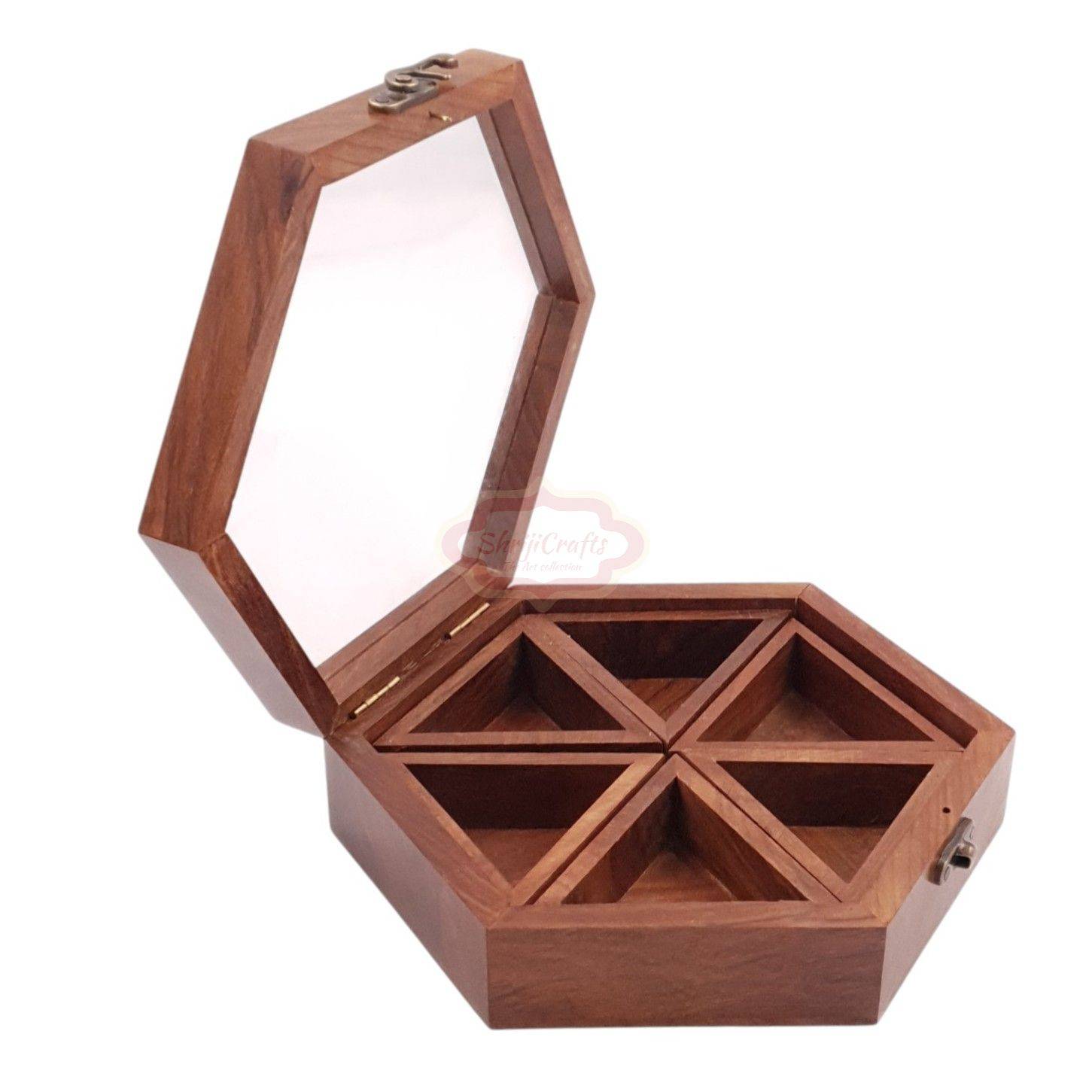 Handcrafted hexagon wooden spice box with 6 spacious compartments and a glass lid - View 7