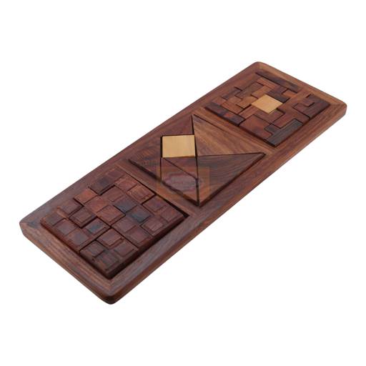 Handcrafted 3-in-1 Wooden Block Puzzle Game featuring jigsaw puzzles and brain teasers
