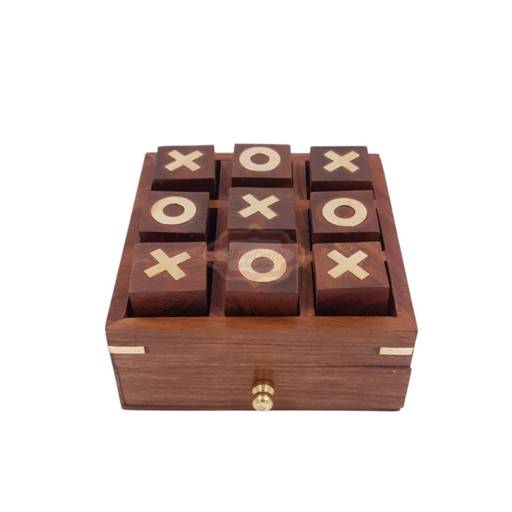 Handcrafted 3-in-1 wooden game box featuring Tic Tac Toe, playing card storage, and 5 dice storage