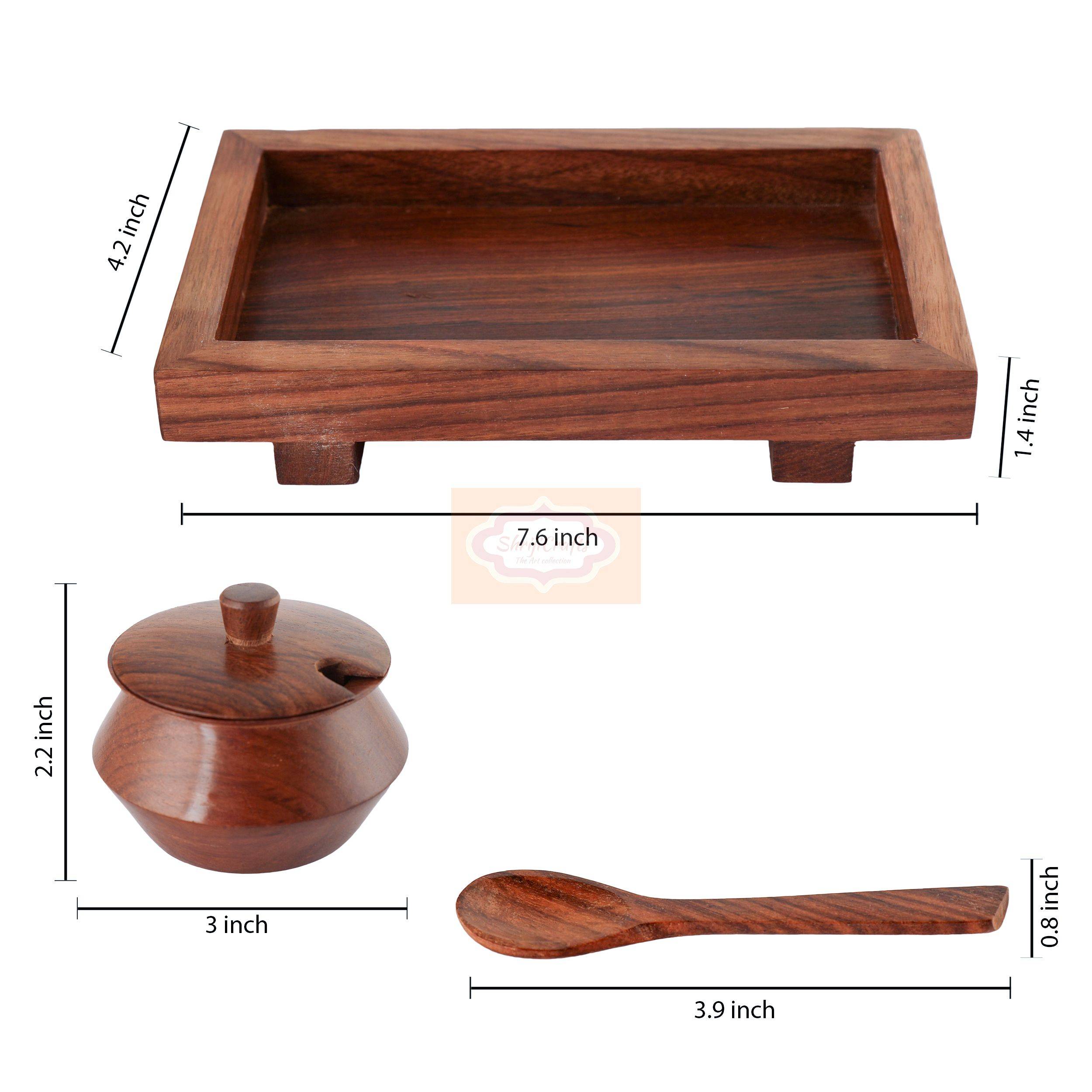 Handcrafted wooden 2-bowl mukhwas container set with matching tray and serving spoons - View 5