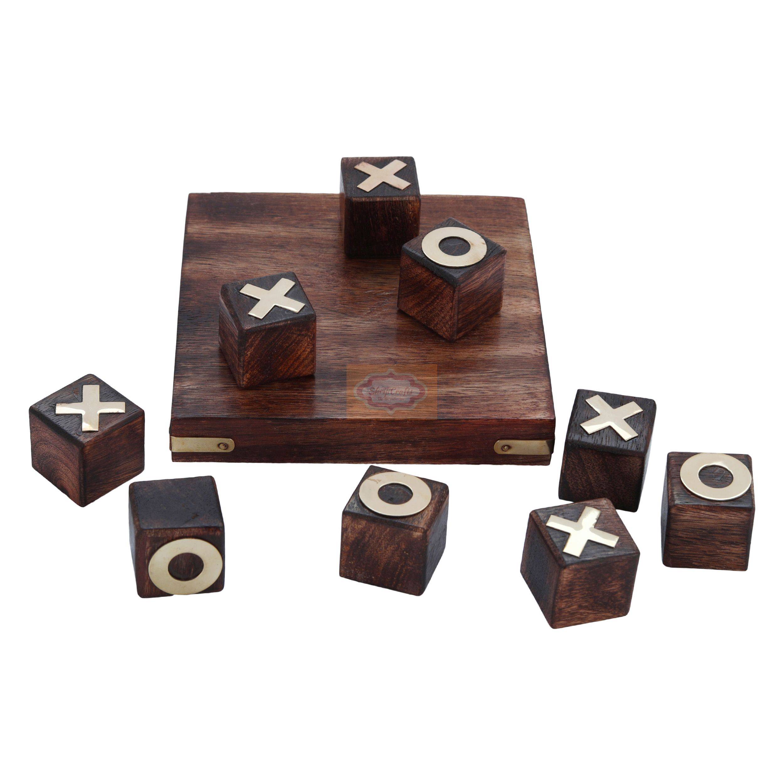 Handcrafted wooden Tic Tac Toe game with elegant brass X & O playing pieces - View 3