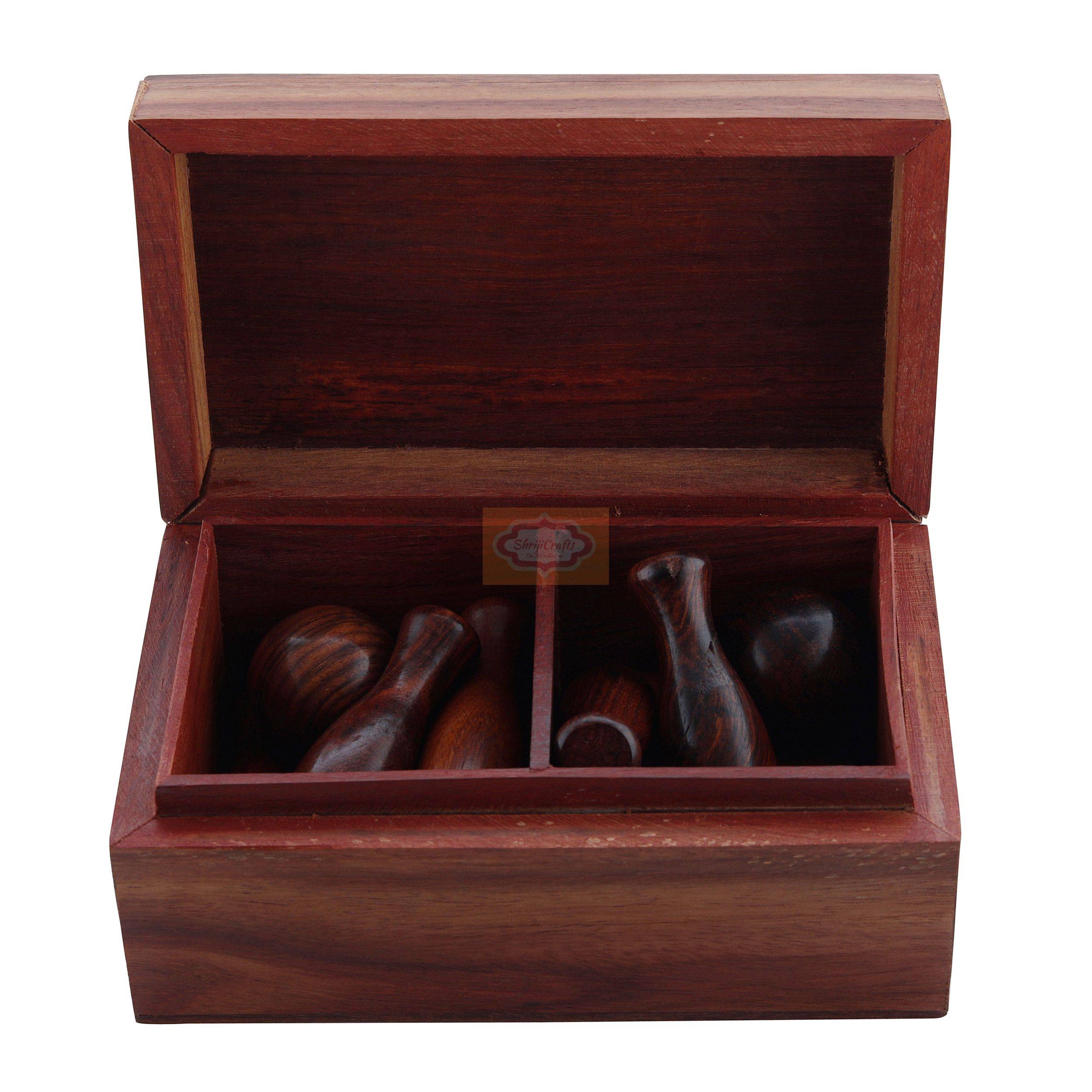 Handcrafted wooden mini bowling set with 10 bowling pins, 2 bowling balls, and a stylish storage box - View 3
