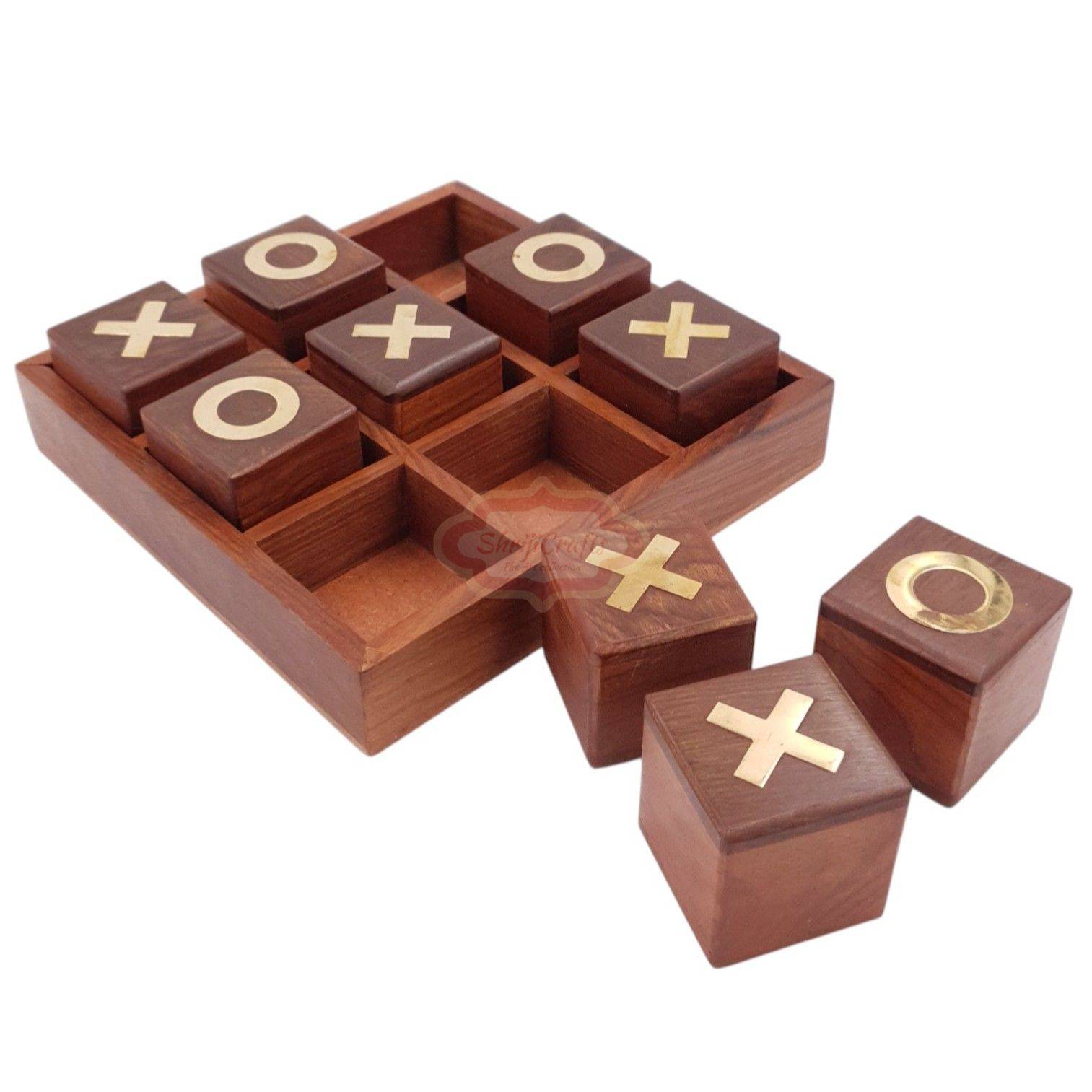 Handcrafted wooden Tic Tac Toe game with durable X & O playing pieces - View 2