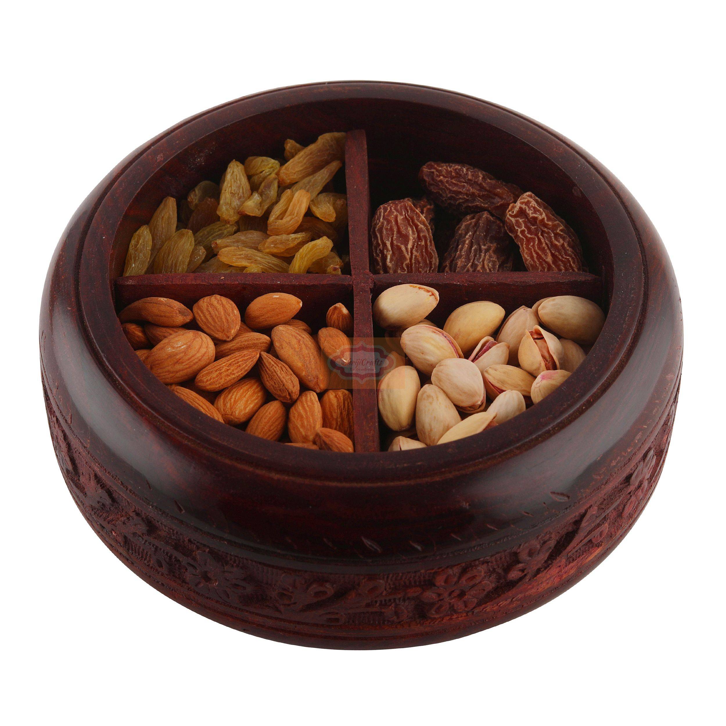 Handcrafted Sheesham wood dry fruit box with elegant hand-carved floral design - View 3
