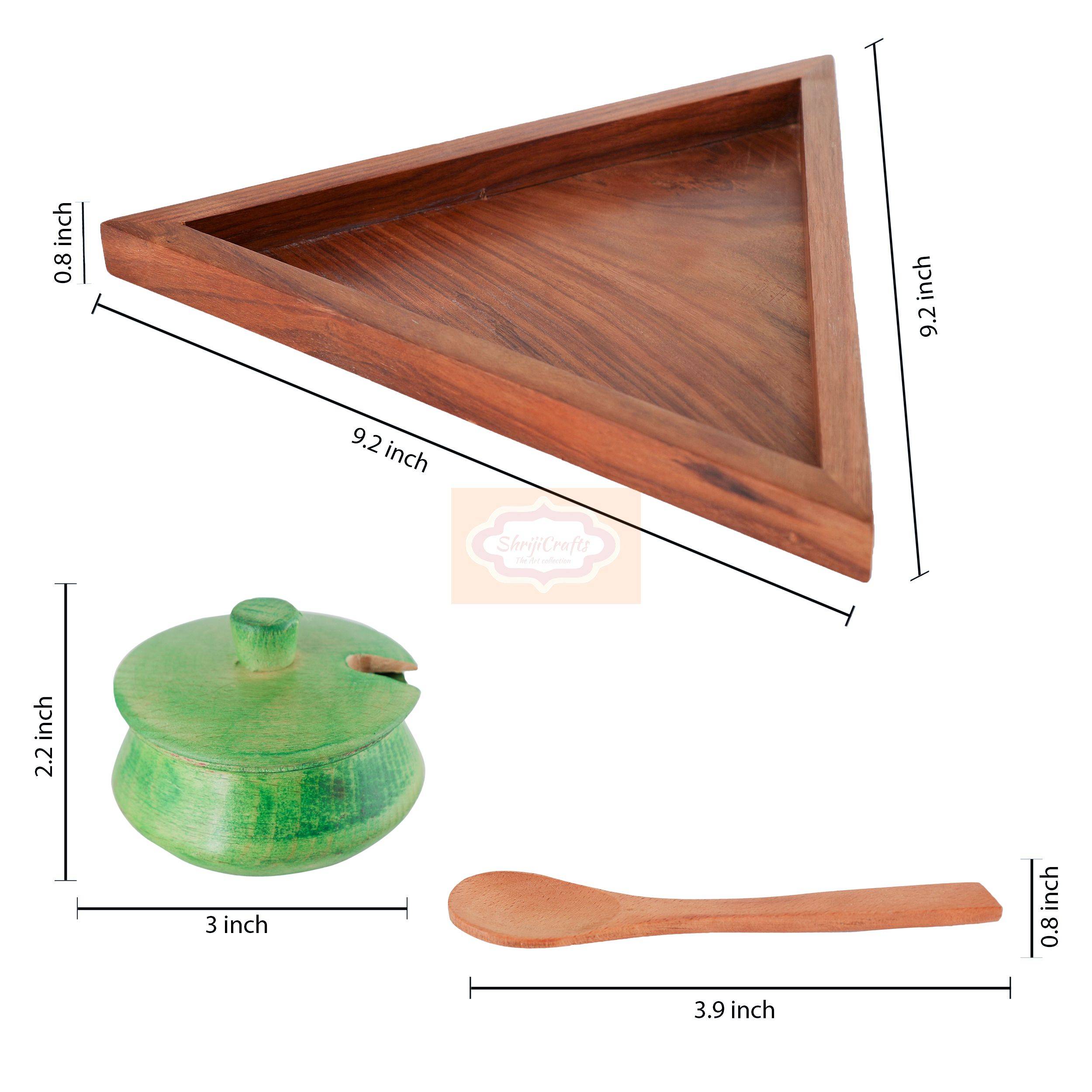 Handcrafted multicolor wooden mukhwas container set with 3 bowls, matching spoons, and a stylish triangle serving tray - View 6
