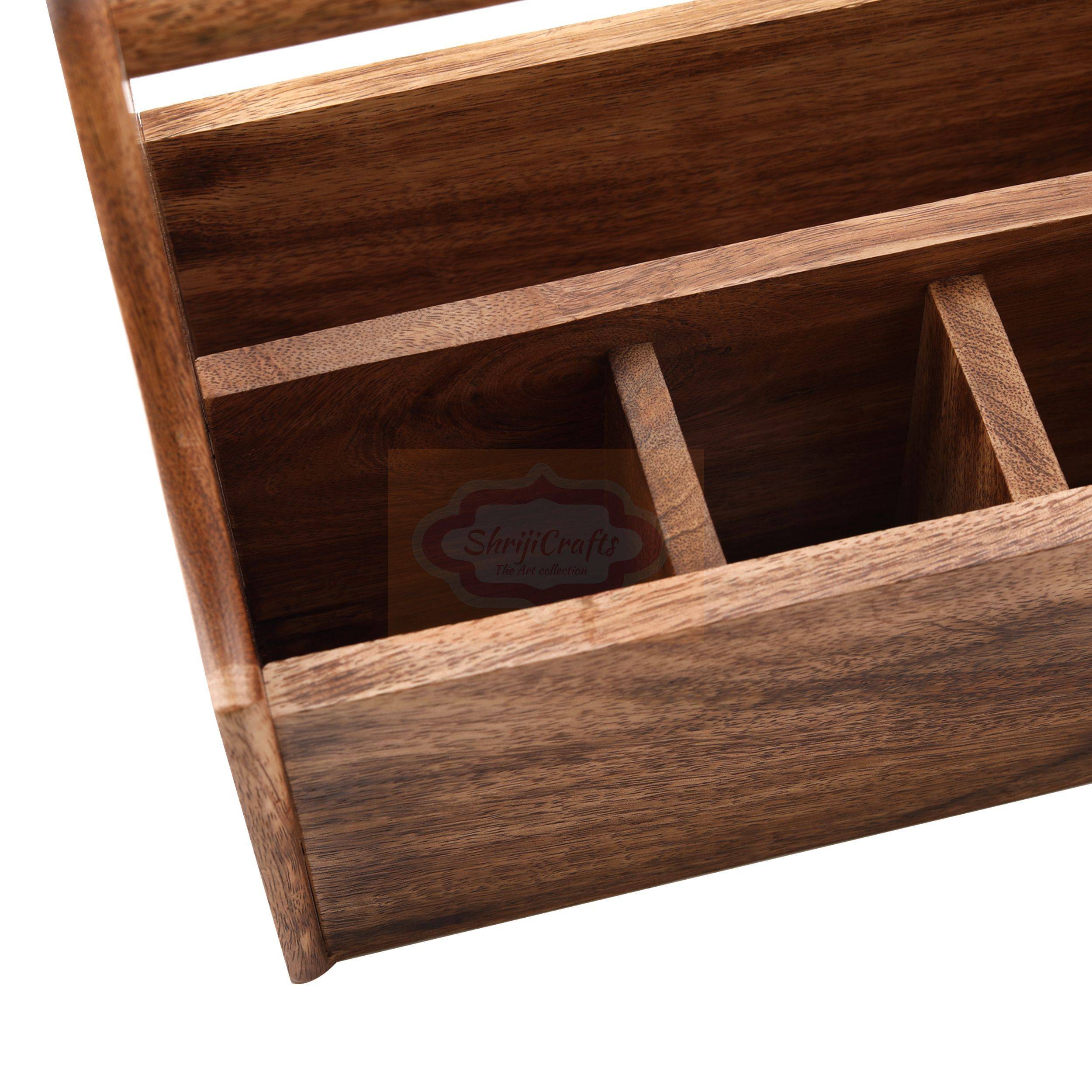 Handcrafted wooden storage basket with a sturdy carrying handle and multiple compartment - View 5