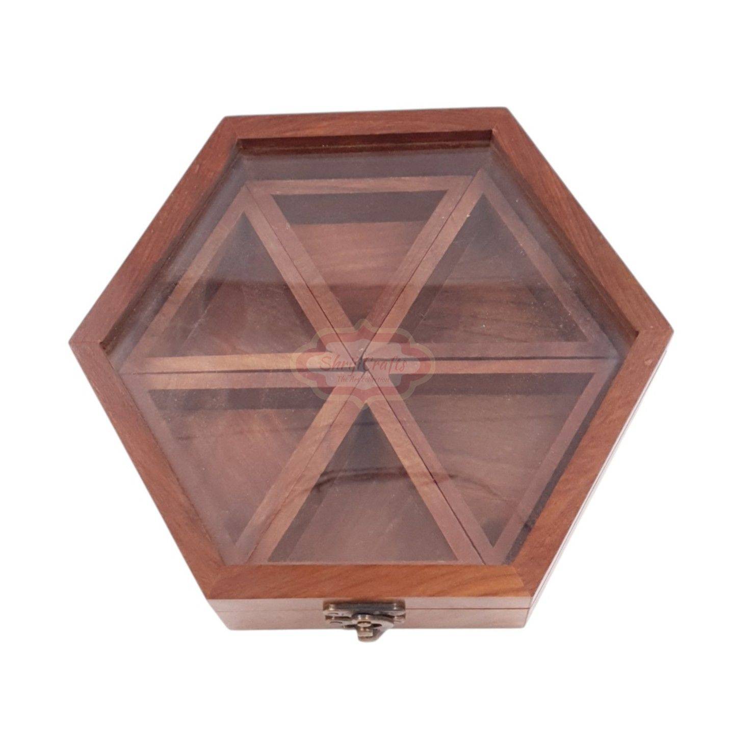 Handcrafted hexagon wooden spice box with 6 spacious compartments and a glass lid - View 6