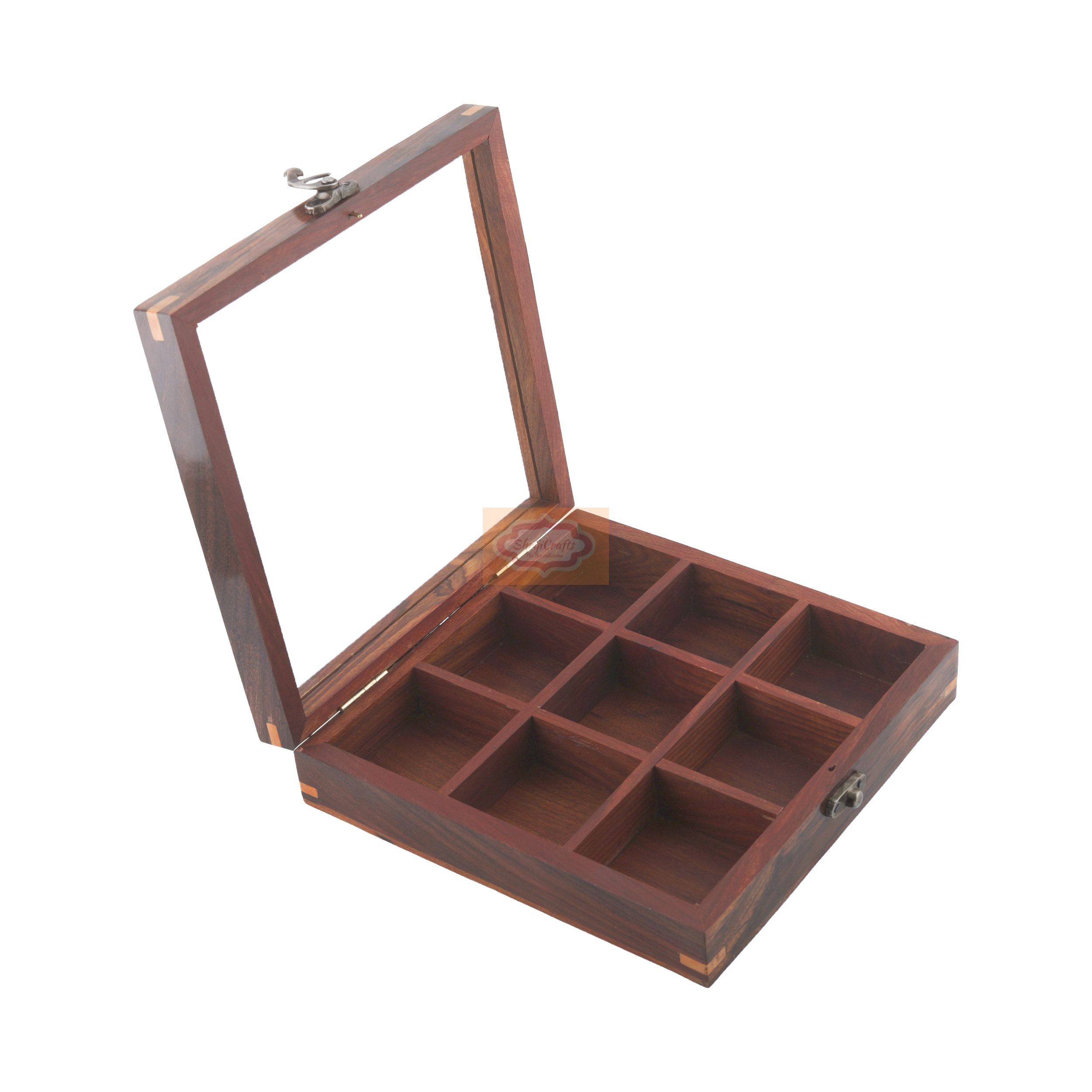 Handcrafted wooden masala box featuring 9 spacious compartments with a clear glass lid - View 4