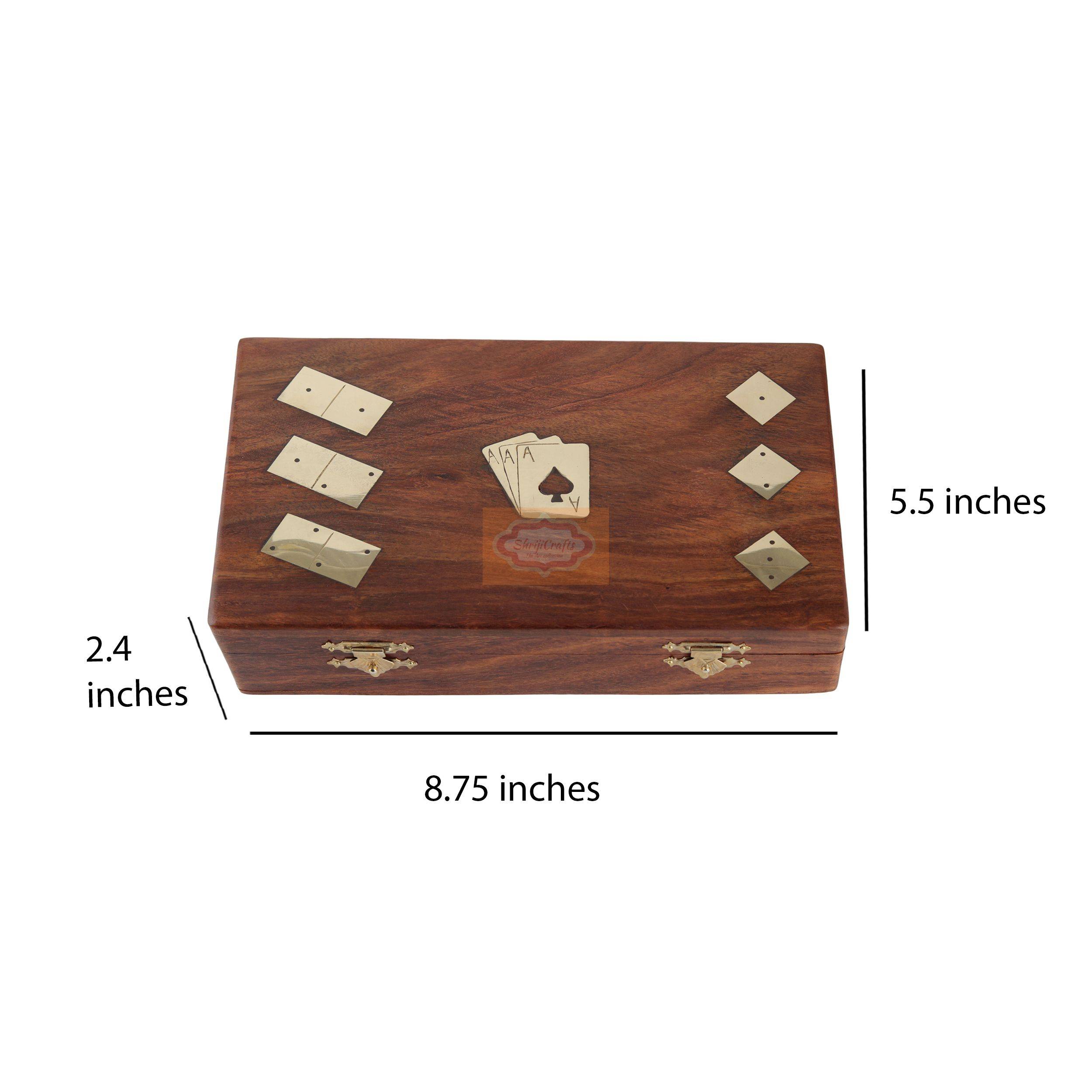 Handcrafted wooden game box with playing cards, dominoes, and wooden dice - View 6