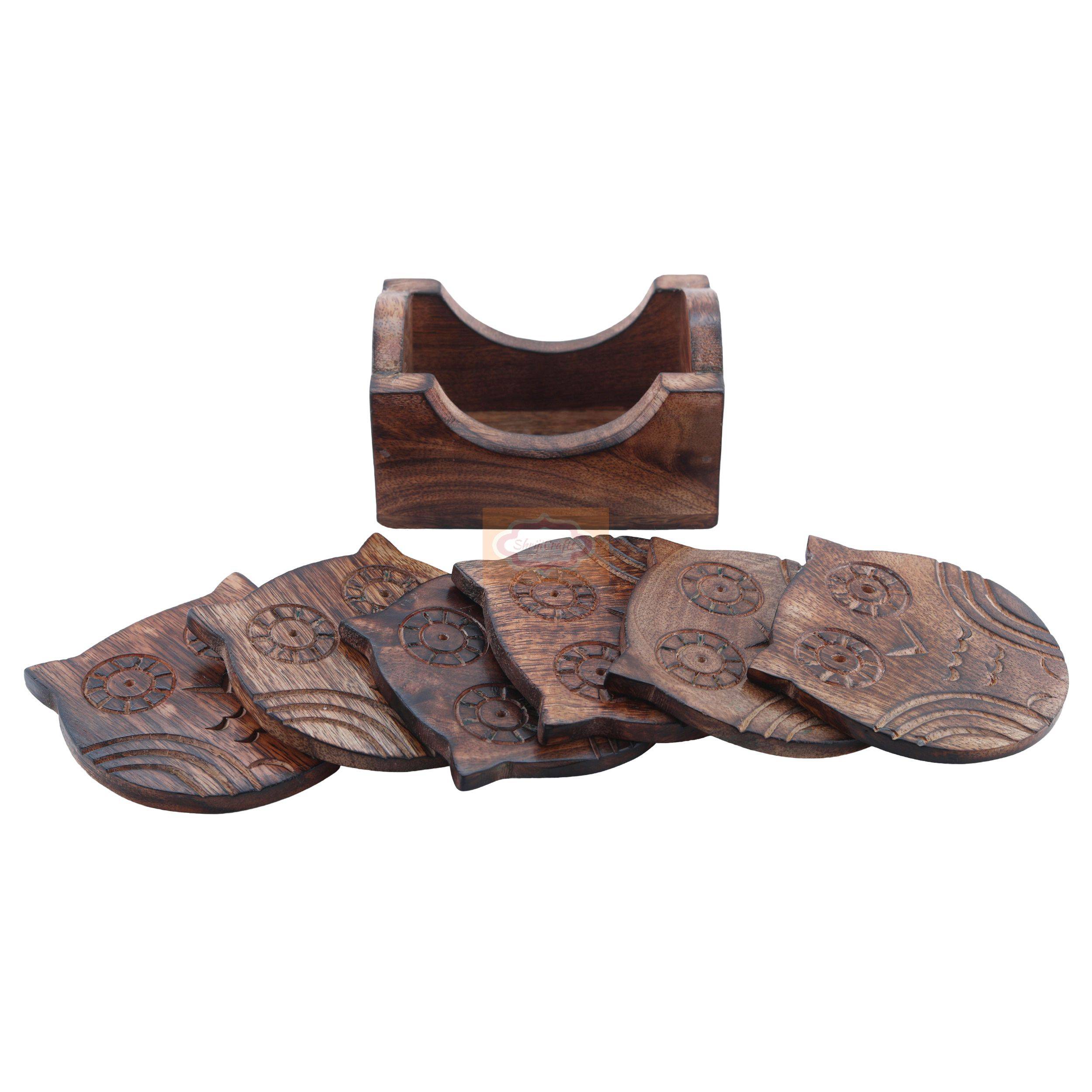 Handcrafted wooden owl coaster set with 6 coasters and a matching storage holder - View 3