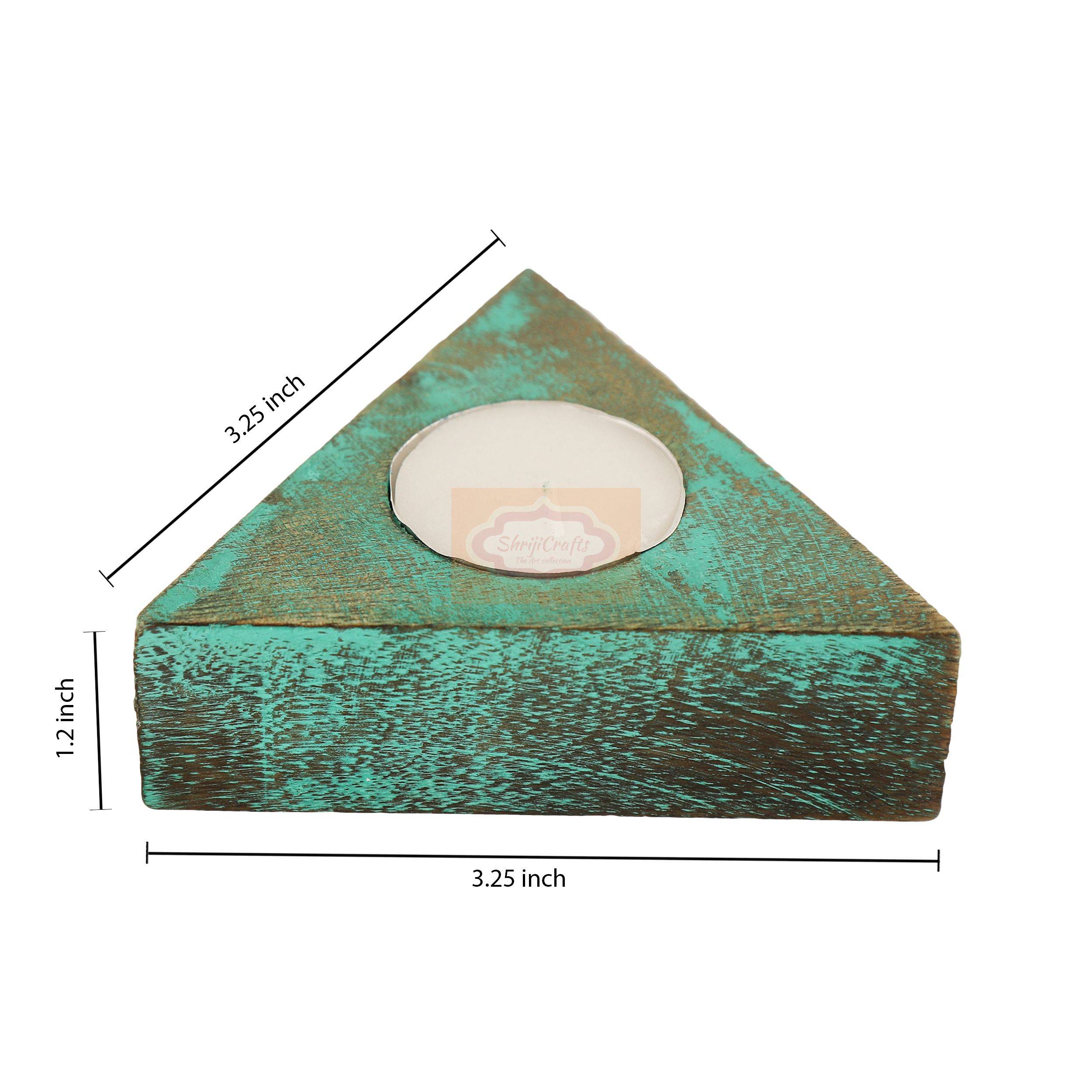 Handcrafted triangular wooden tealight candle holder with an elegant artistic finish - View 5