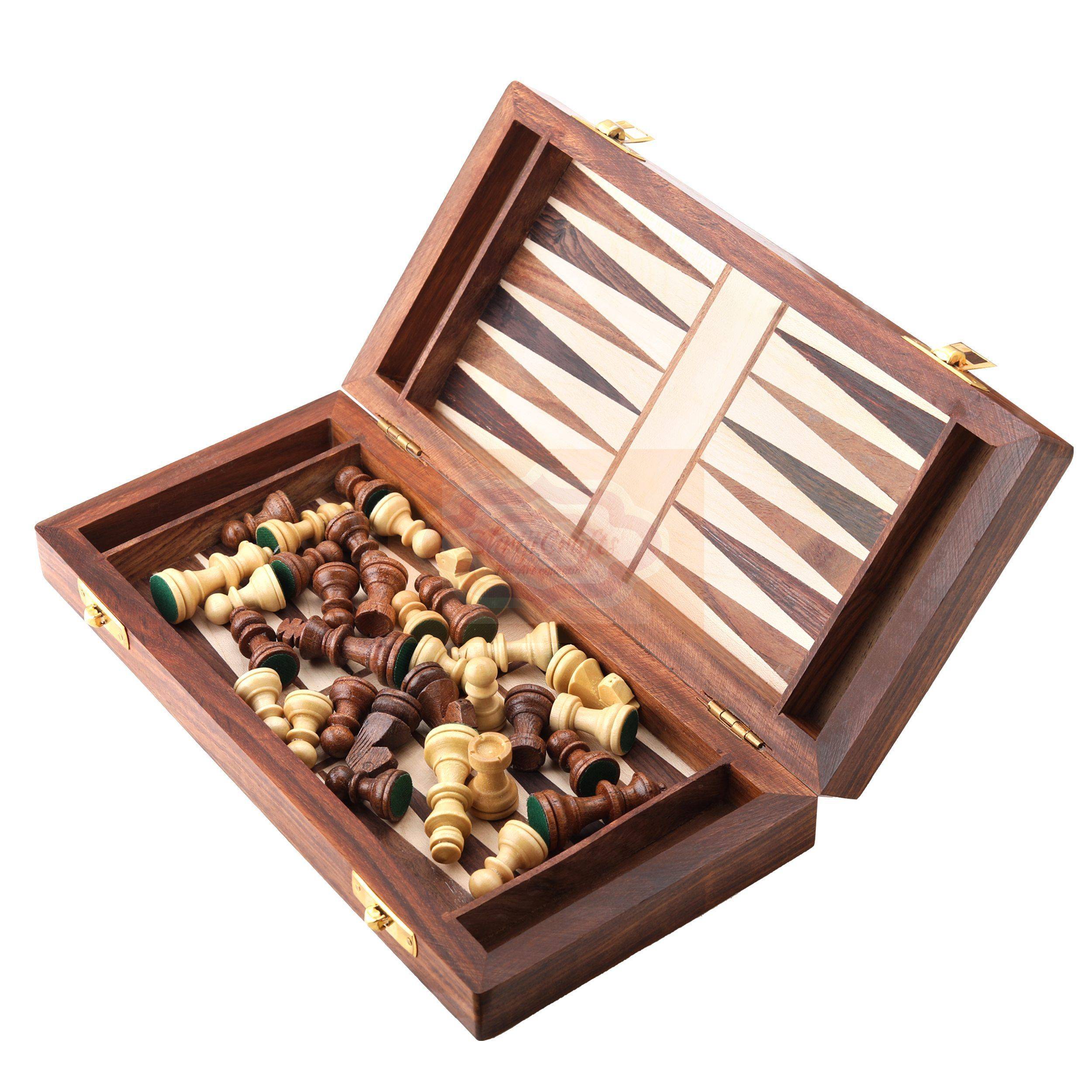Handcrafted 2-in-1 wooden Backgammon and Chess set with a foldable storage design — handcrafted wooden product by Shrijicrafts