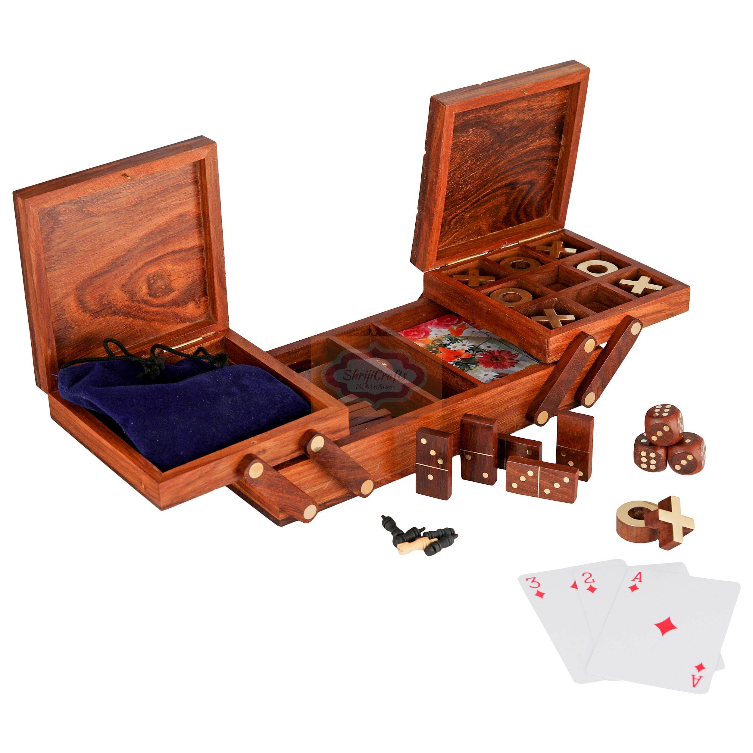Handcrafted 4-in-1 wooden game set featuring Chess, Tic Tac Toe, Playing Cards, and Dice - View 2