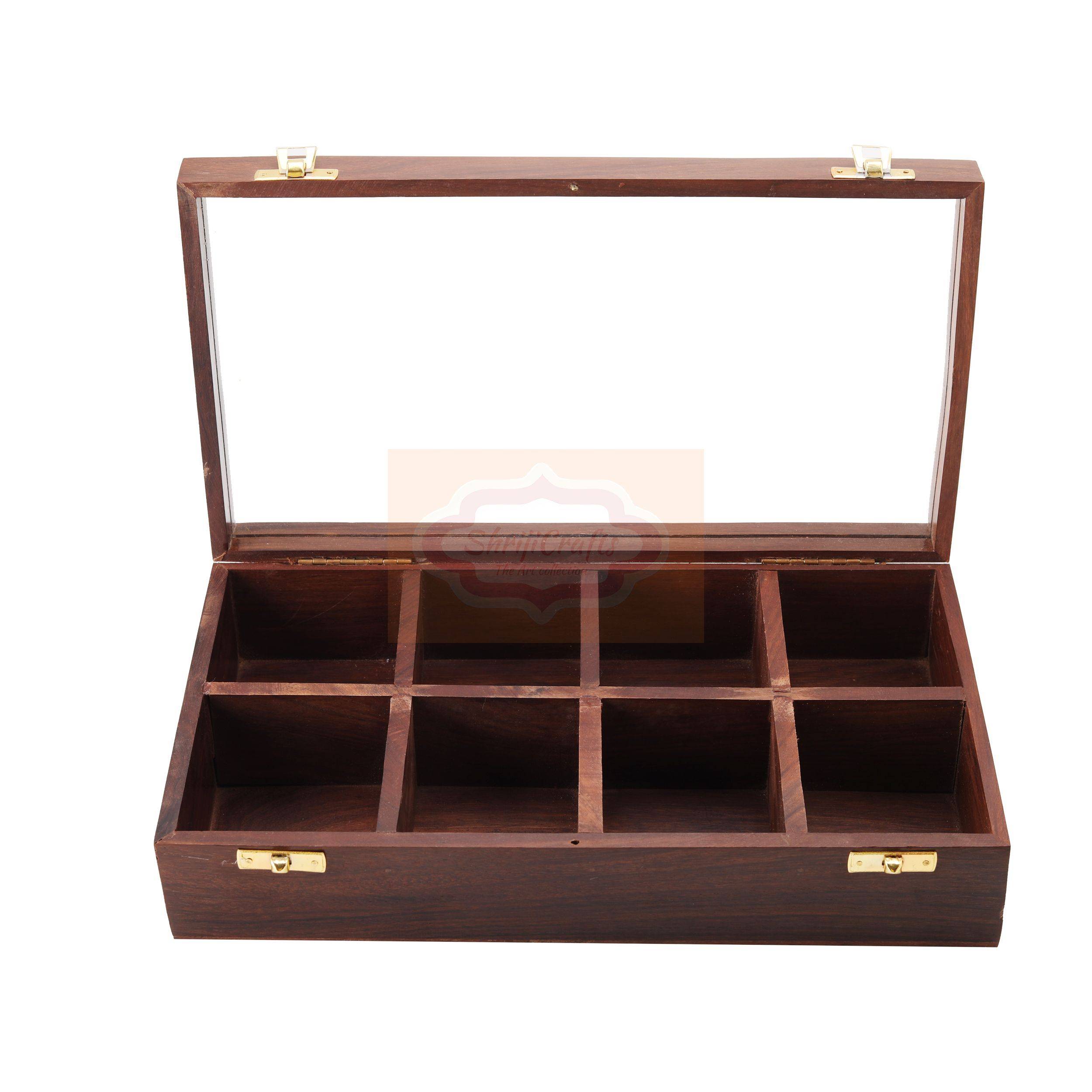 Handcrafted wooden tea bag organizer with 8 spacious compartments and a glass lid - View 3