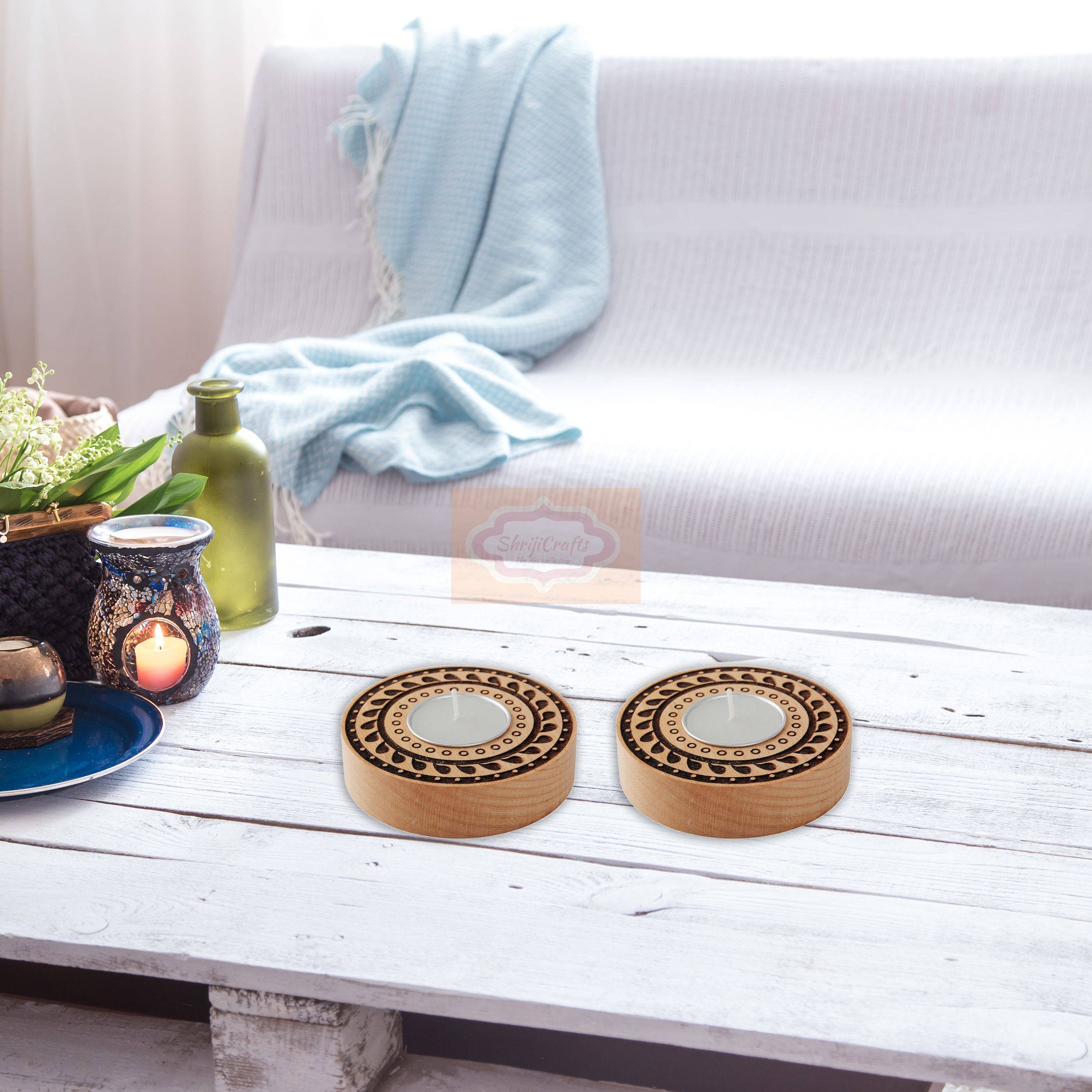 Handcrafted wooden tealight candle holder with intricate carved detailing - View 6