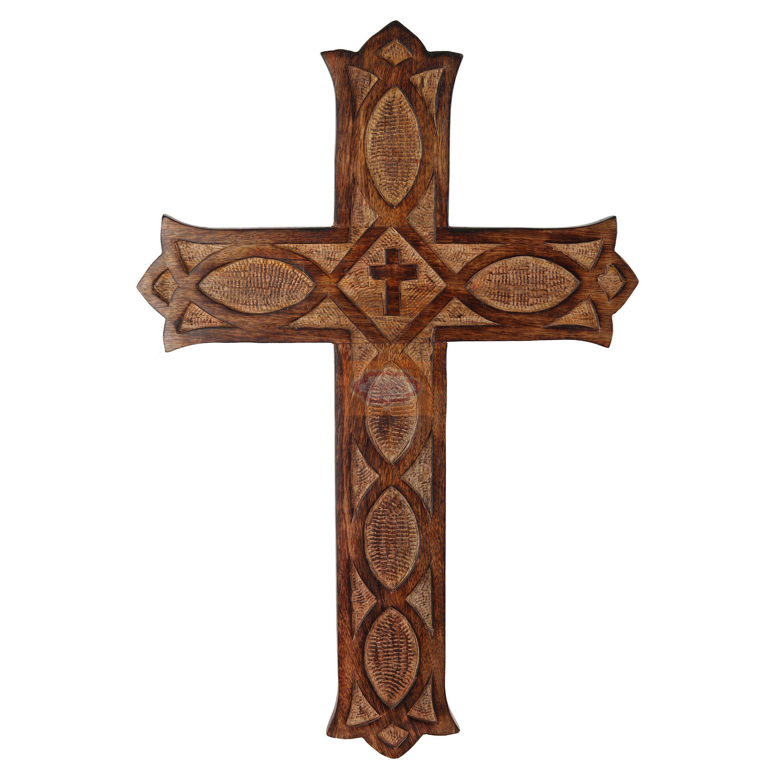 Handcrafted wooden wall cross with intricate carved detailing and elegant finish - View 2