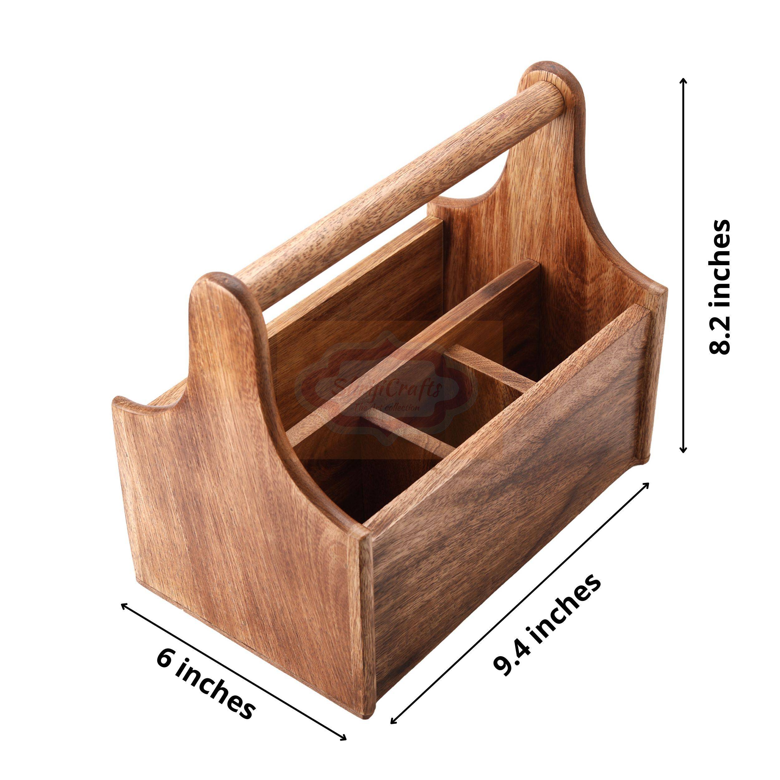 Handcrafted wooden storage basket with a sturdy carrying handle and multiple compartment - View 6