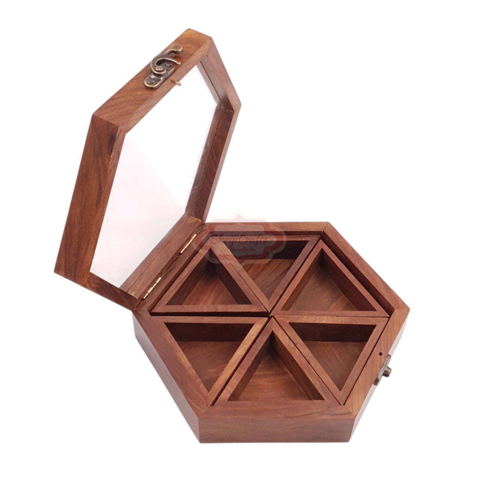 Handcrafted hexagon wooden spice box with 6 spacious compartments and a glass lid - View 4