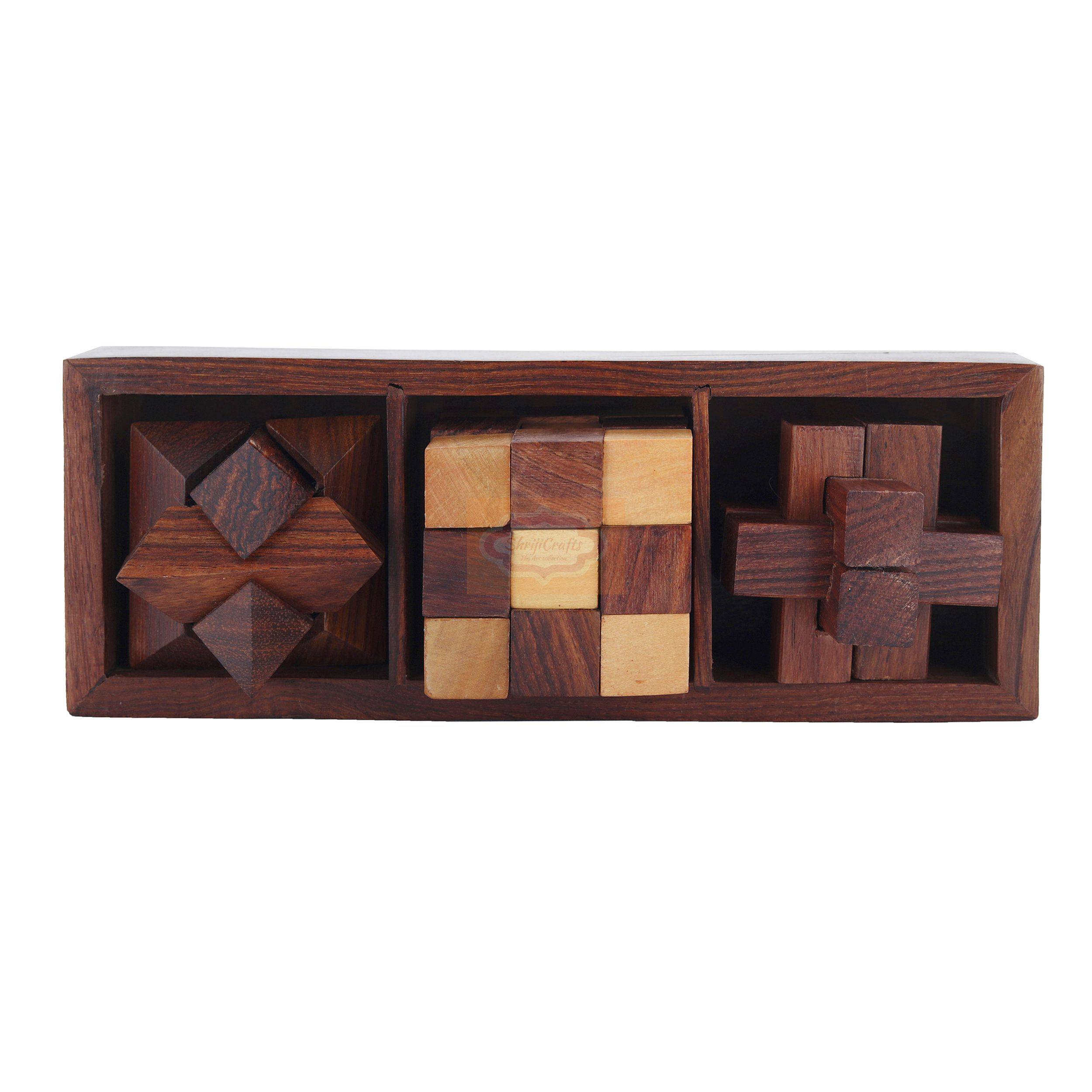 This set includes three 3D puzzles: diagonal burr, snake cube and interlocking blocks — handcrafted wooden product by Shrijicrafts