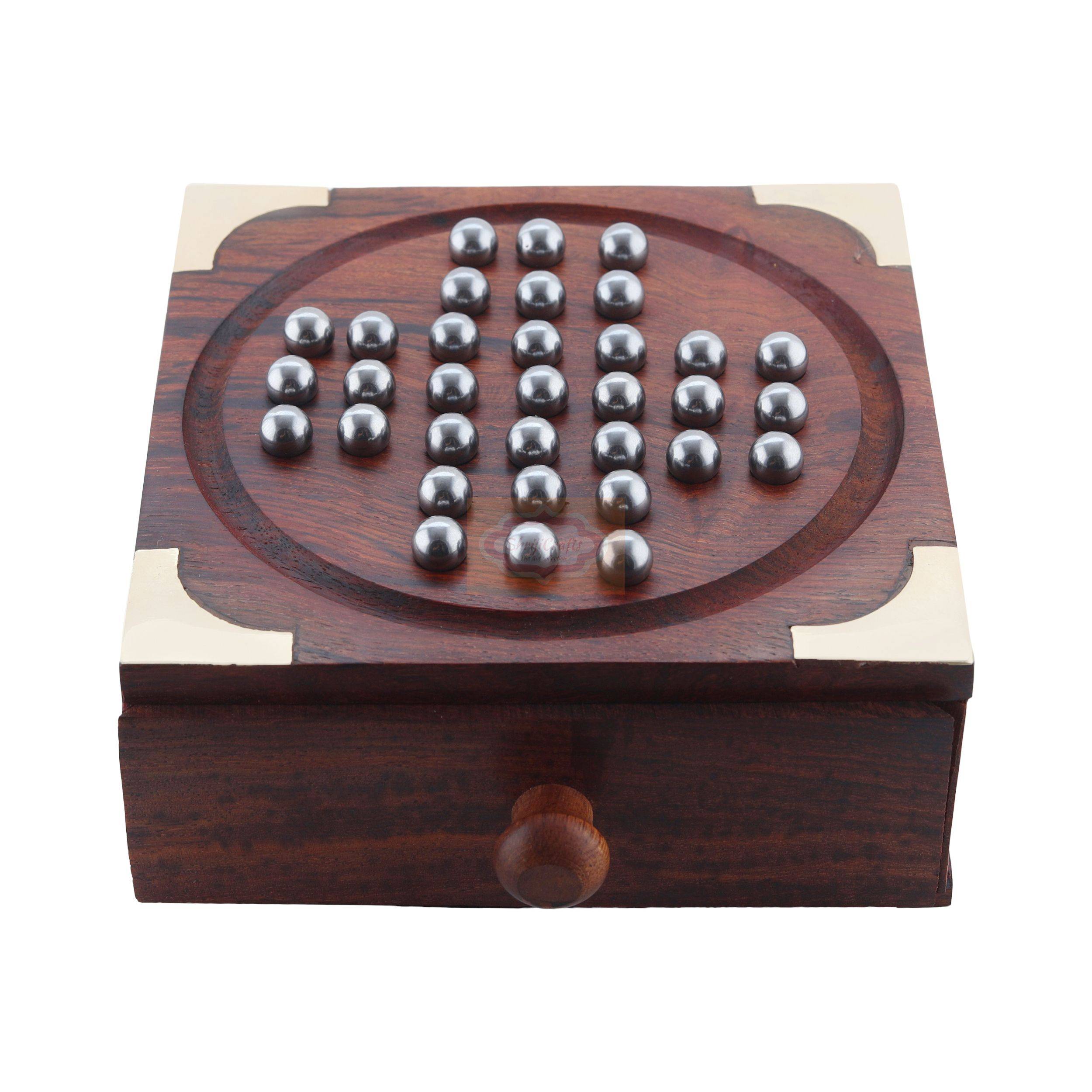 Handcrafted Sheesham wood solitaire board with elegant brass accents and stainless steel playing balls — handcrafted wooden product by Shrijicrafts