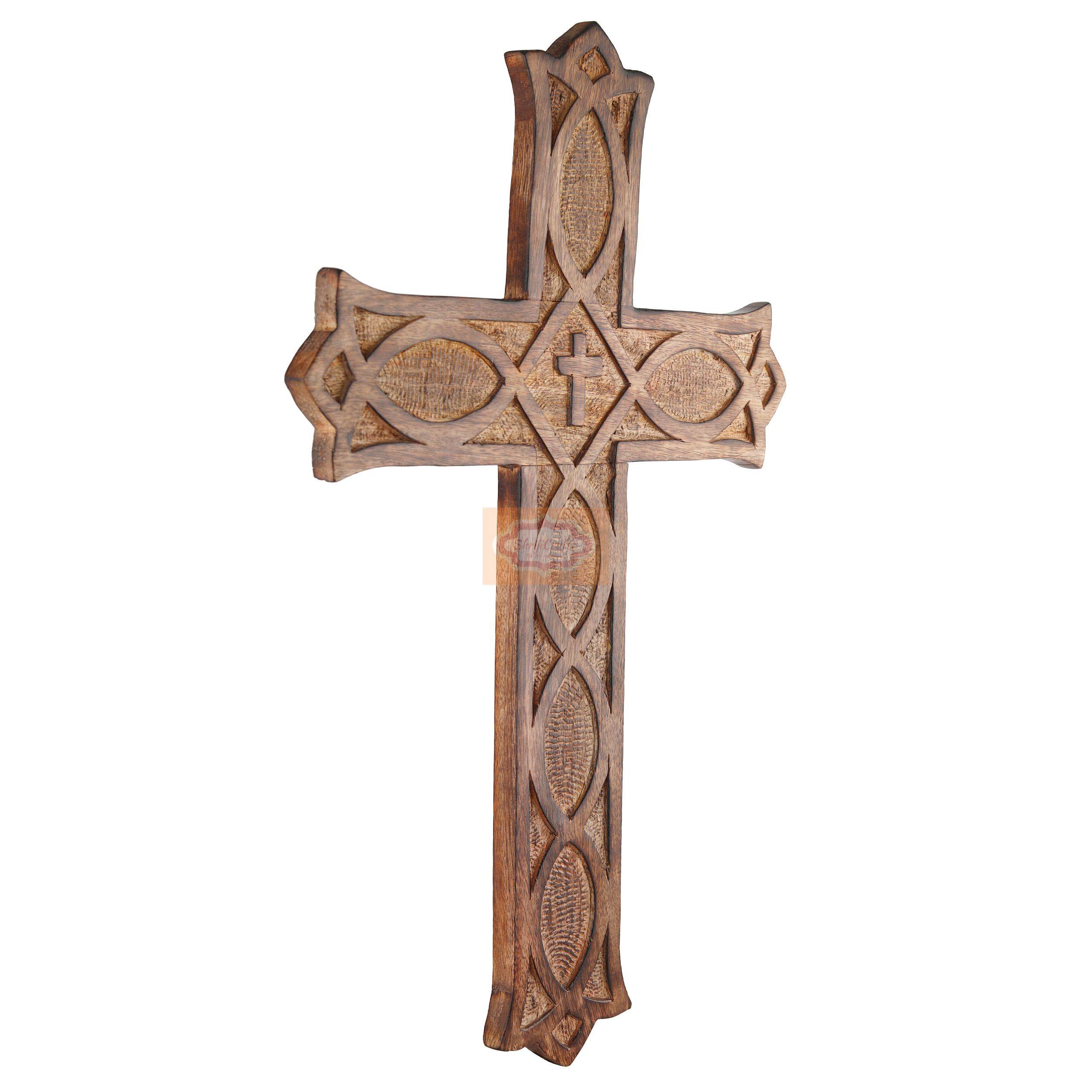 Handcrafted wooden wall cross with intricate carved detailing and elegant finish - View 3