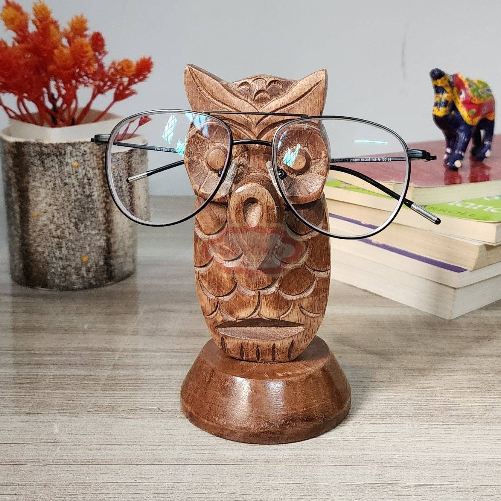Handcrafted wooden spectacle holder featuring a charming owl-inspired design - View 2