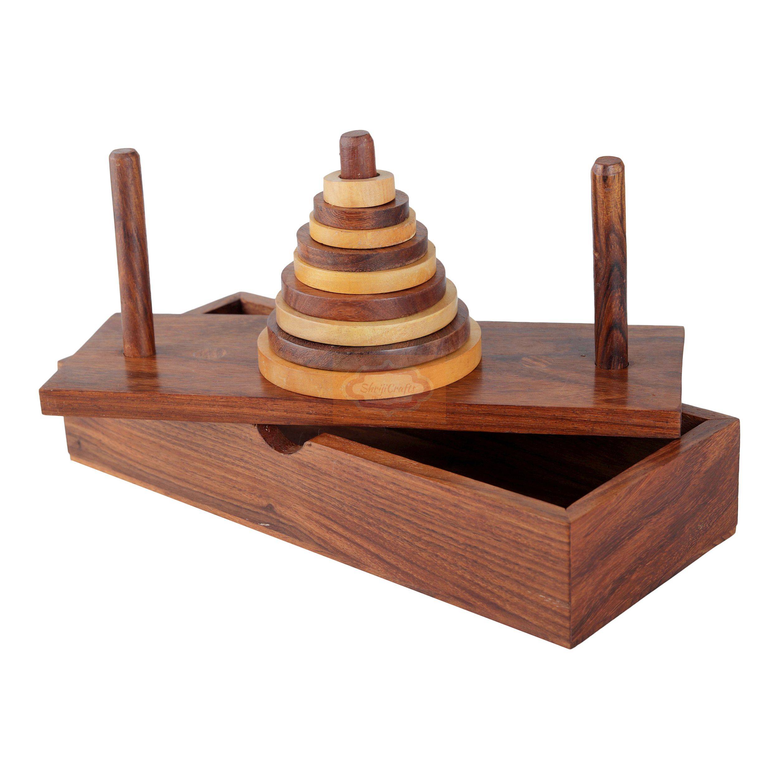 Handcrafted wooden Tower of Hanoi puzzle with 9 discs, 3 rods, and a wooden storage box - View 2
