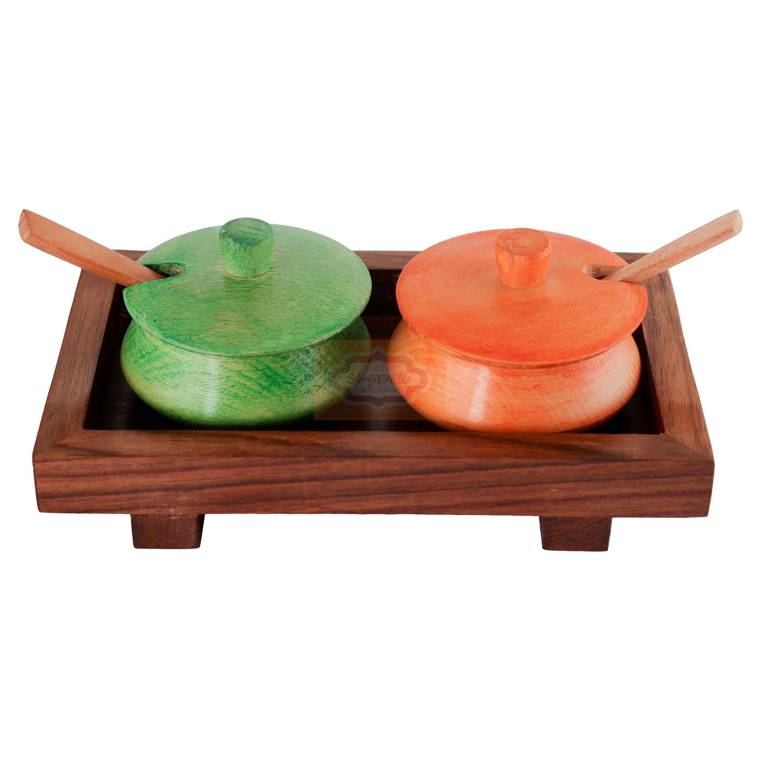 Handcrafted multicolor wooden mukhwas container set with 2 bowls, matching spoons, and a serving tray - View 2