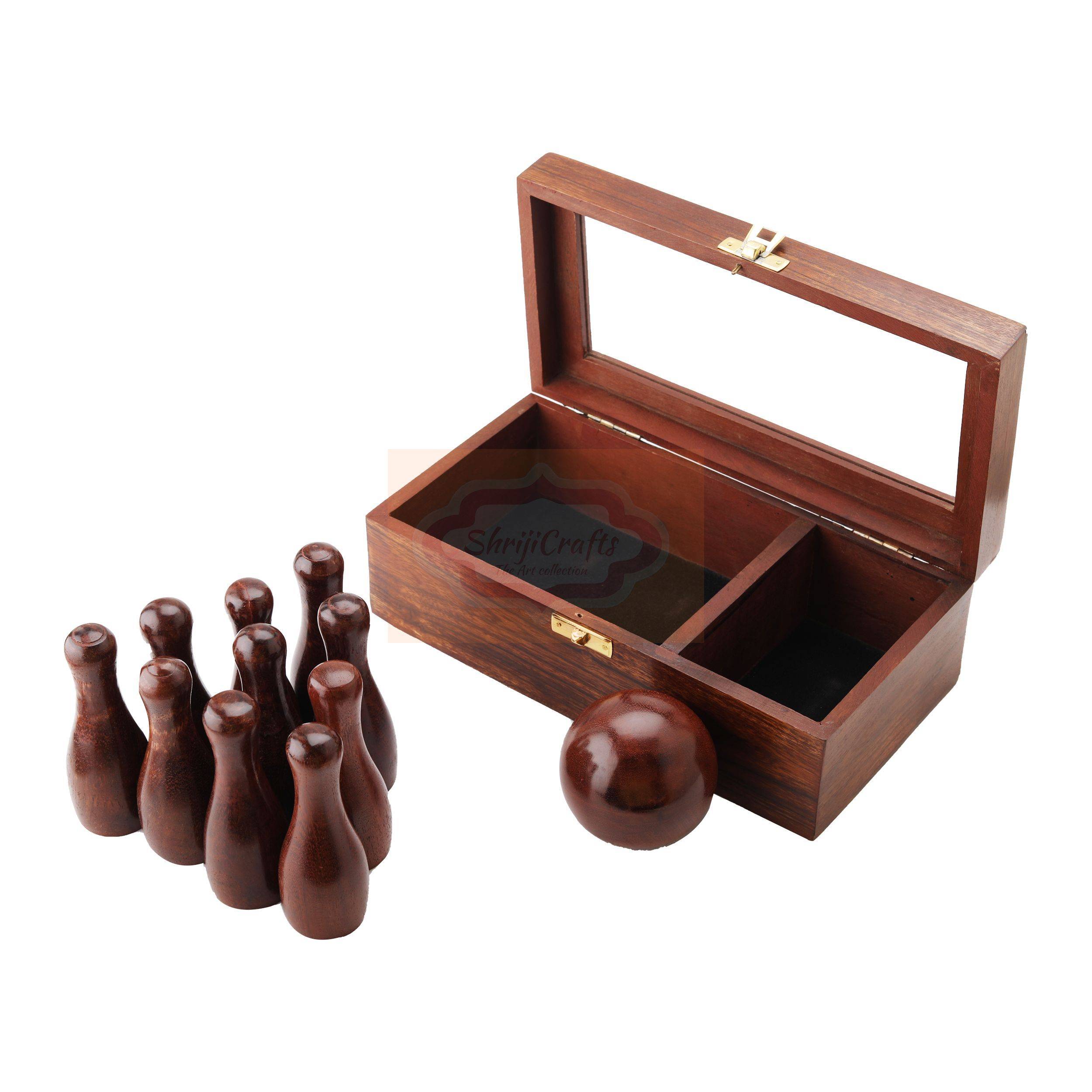 Handcrafted wooden mini bowling game set with a premium glass lid storage box — handcrafted wooden product by Shrijicrafts