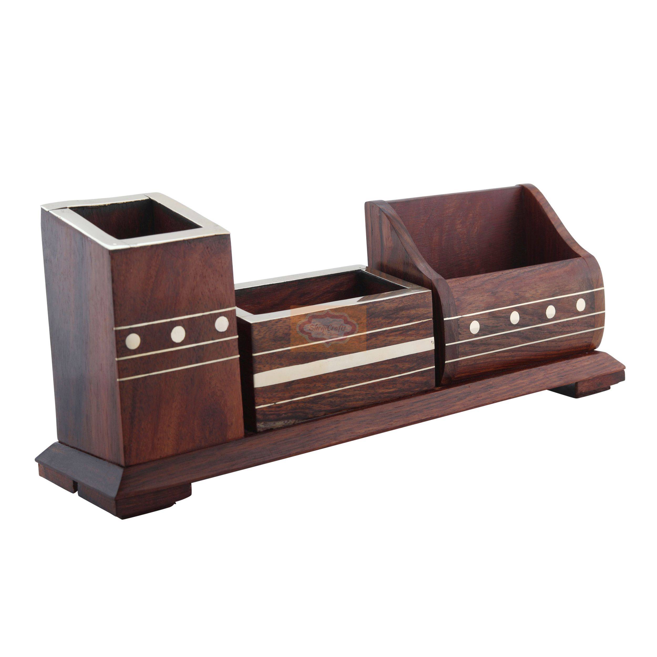 Handcrafted wooden desk organizer with pen holder, mobile stand, and visiting card holder - View 4