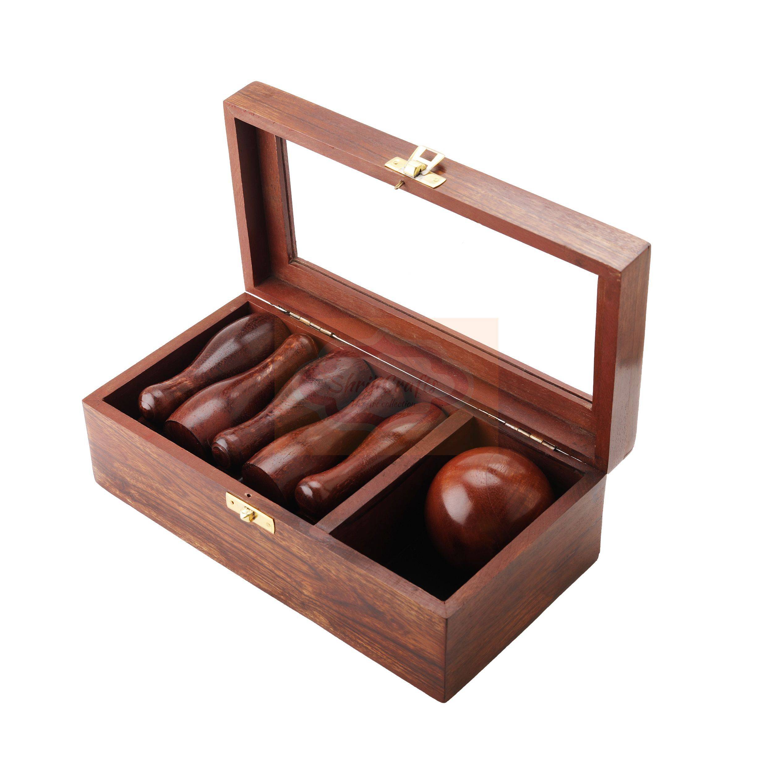 Handcrafted wooden mini bowling game set with a premium glass lid storage box — handcrafted wooden product by Shrijicrafts