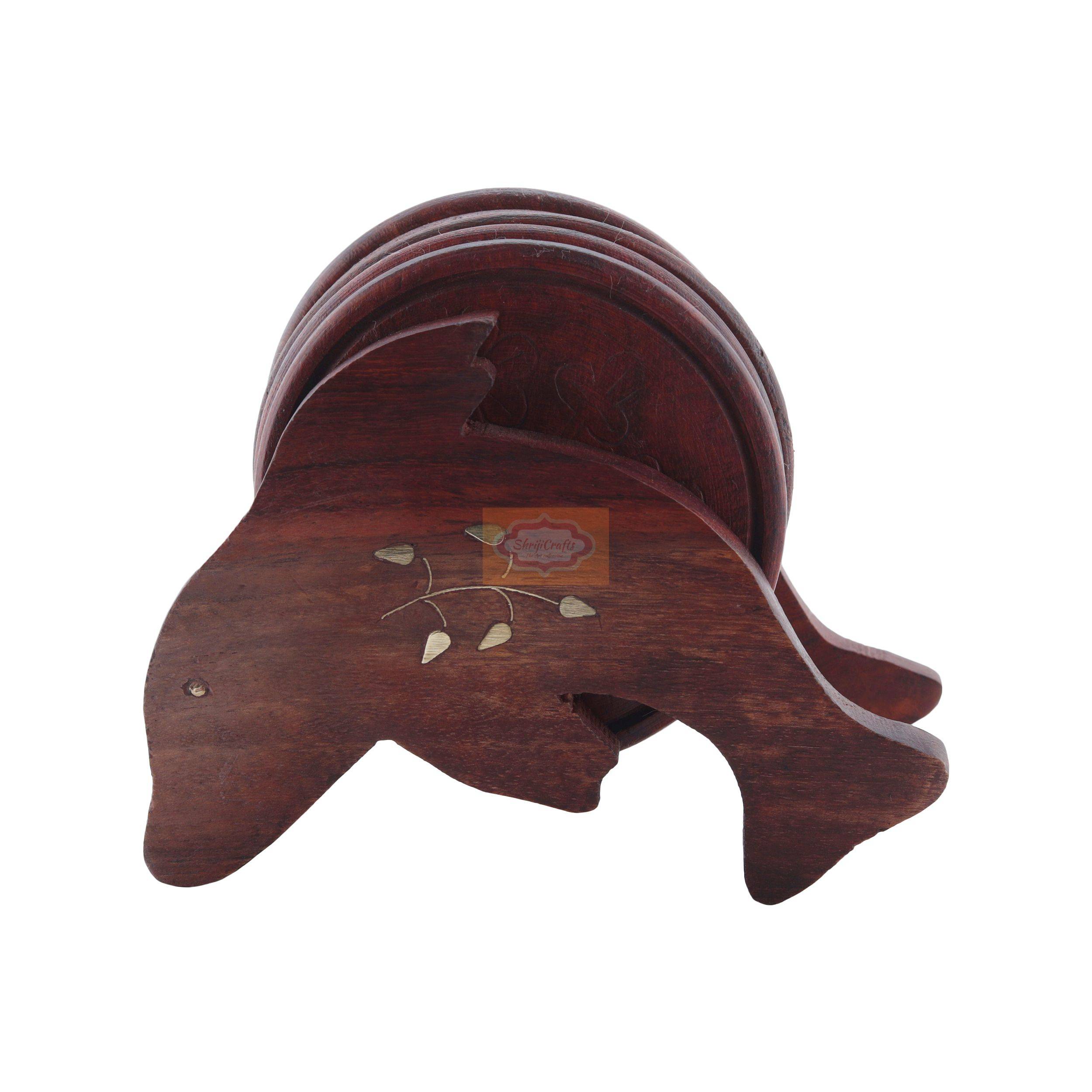 Handcrafted wooden elephant coaster set with 6 coasters and a matching holder - View 4