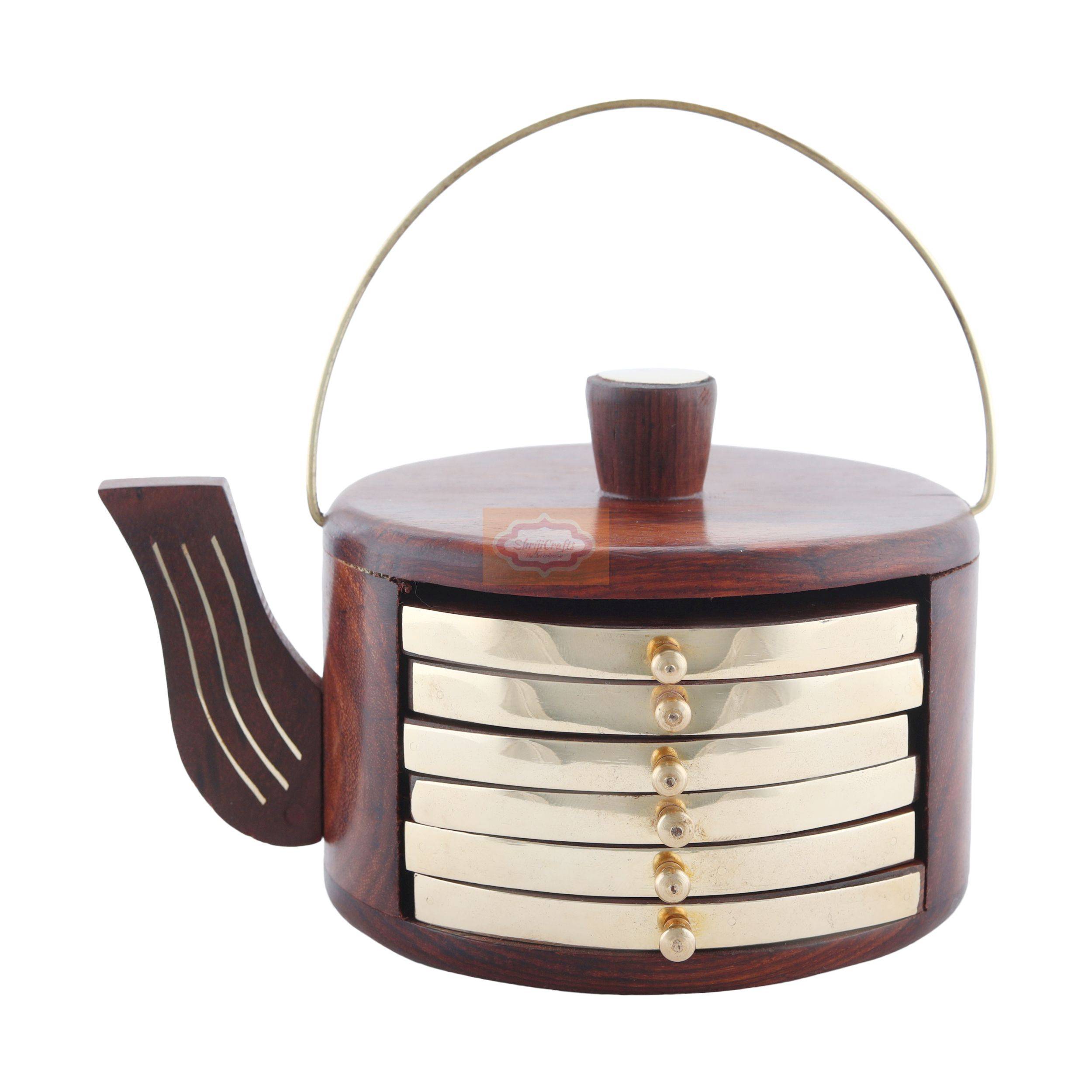 Handcrafted wooden coaster set with a matching holder for stylish table organization - View 5