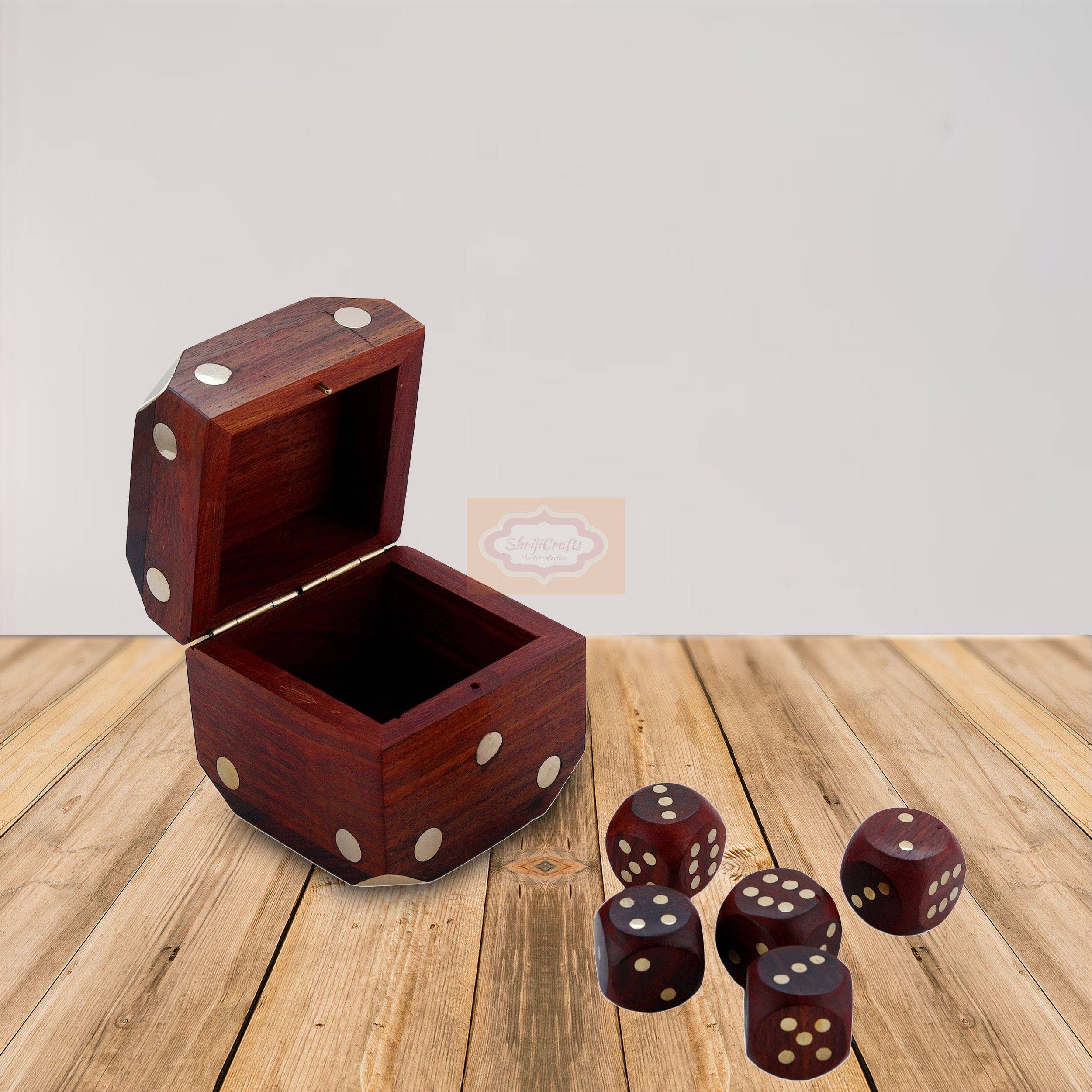 Handcrafted 3-in-1 wooden dice set featuring a storage box, 5 wooden dice, and brain teaser functionality - View 7
