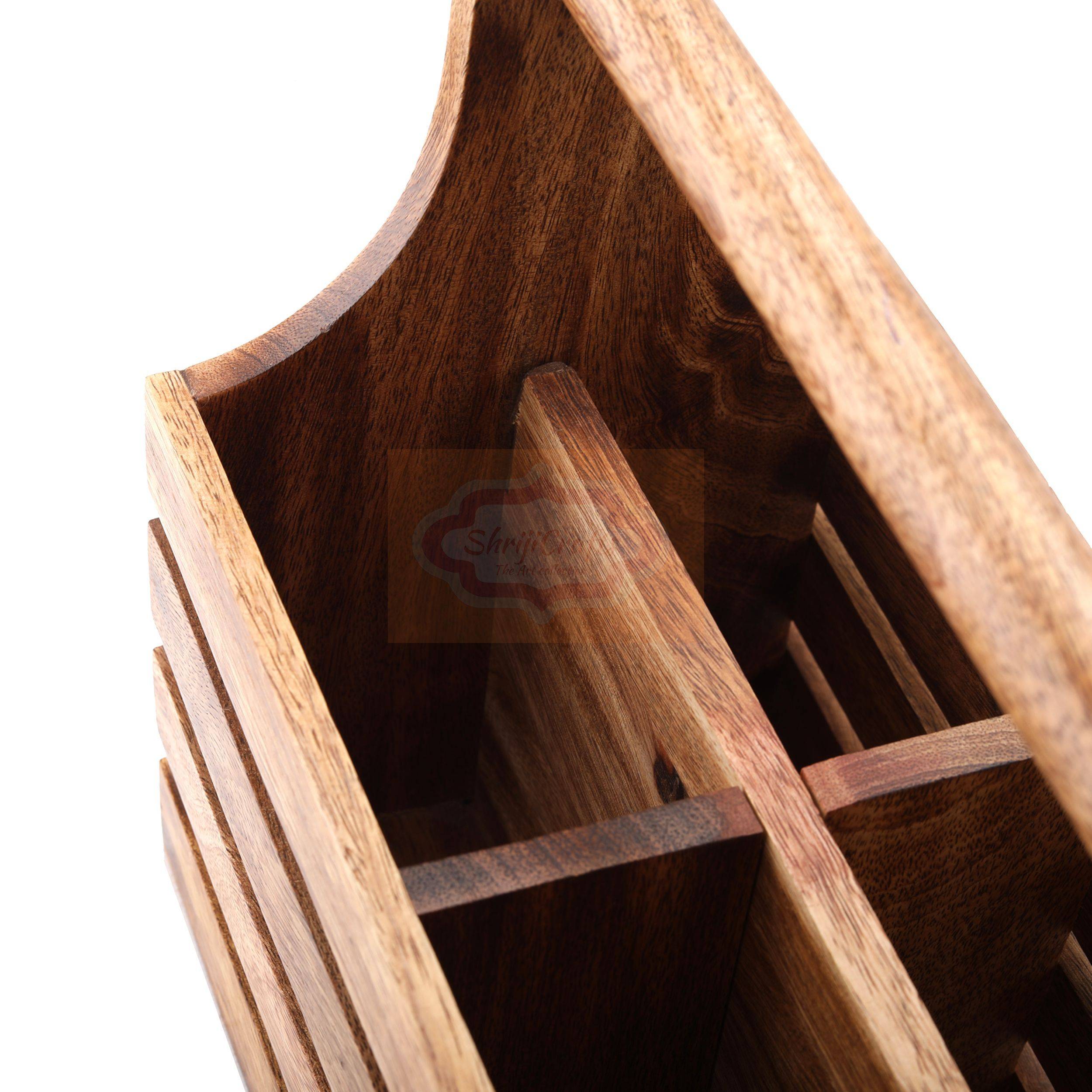 Handcrafted wooden storage basket with a sturdy carrying handle and multiple compartments - View 6
