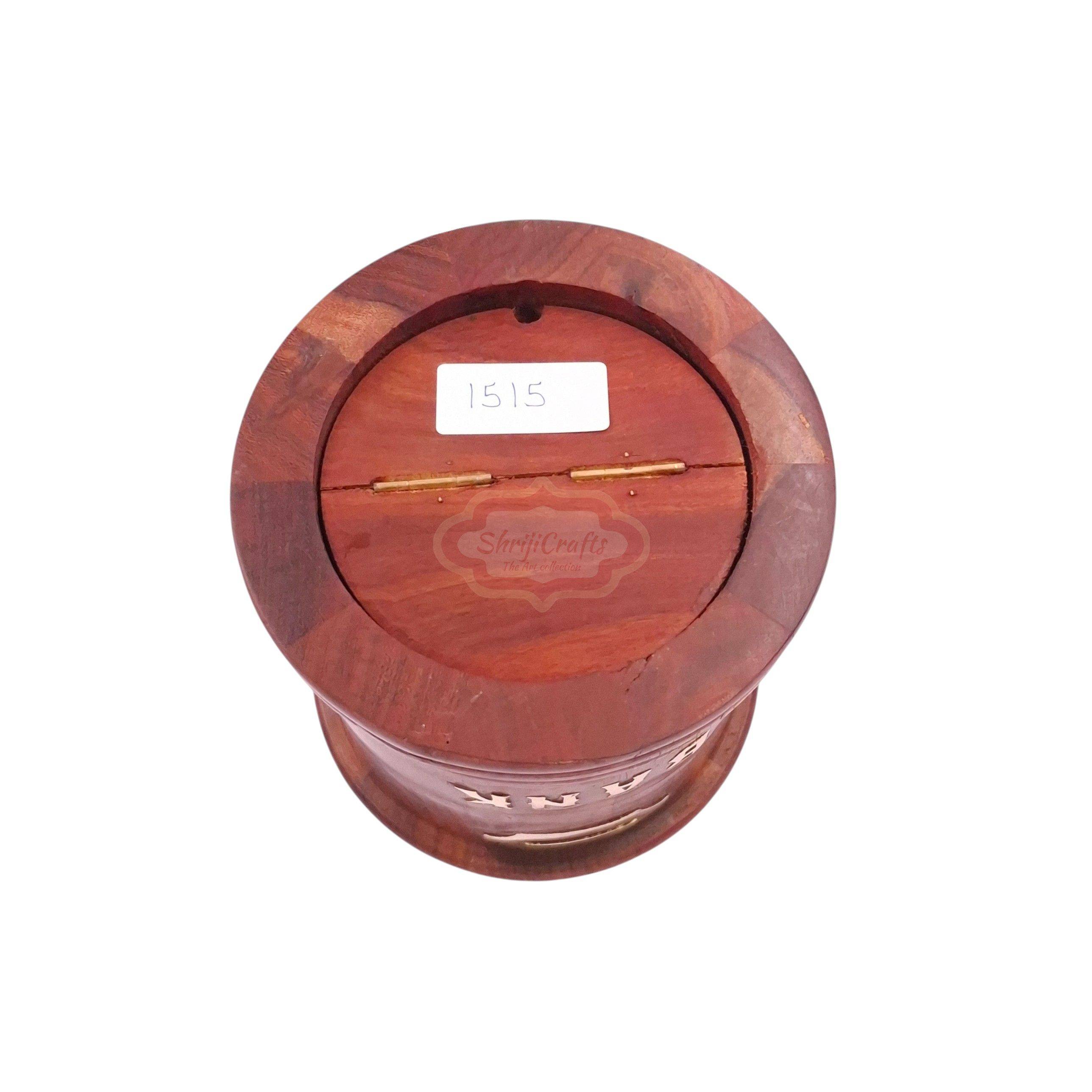 Handcrafted round wooden money bank with a coin slot, secure lock, and key - View 5