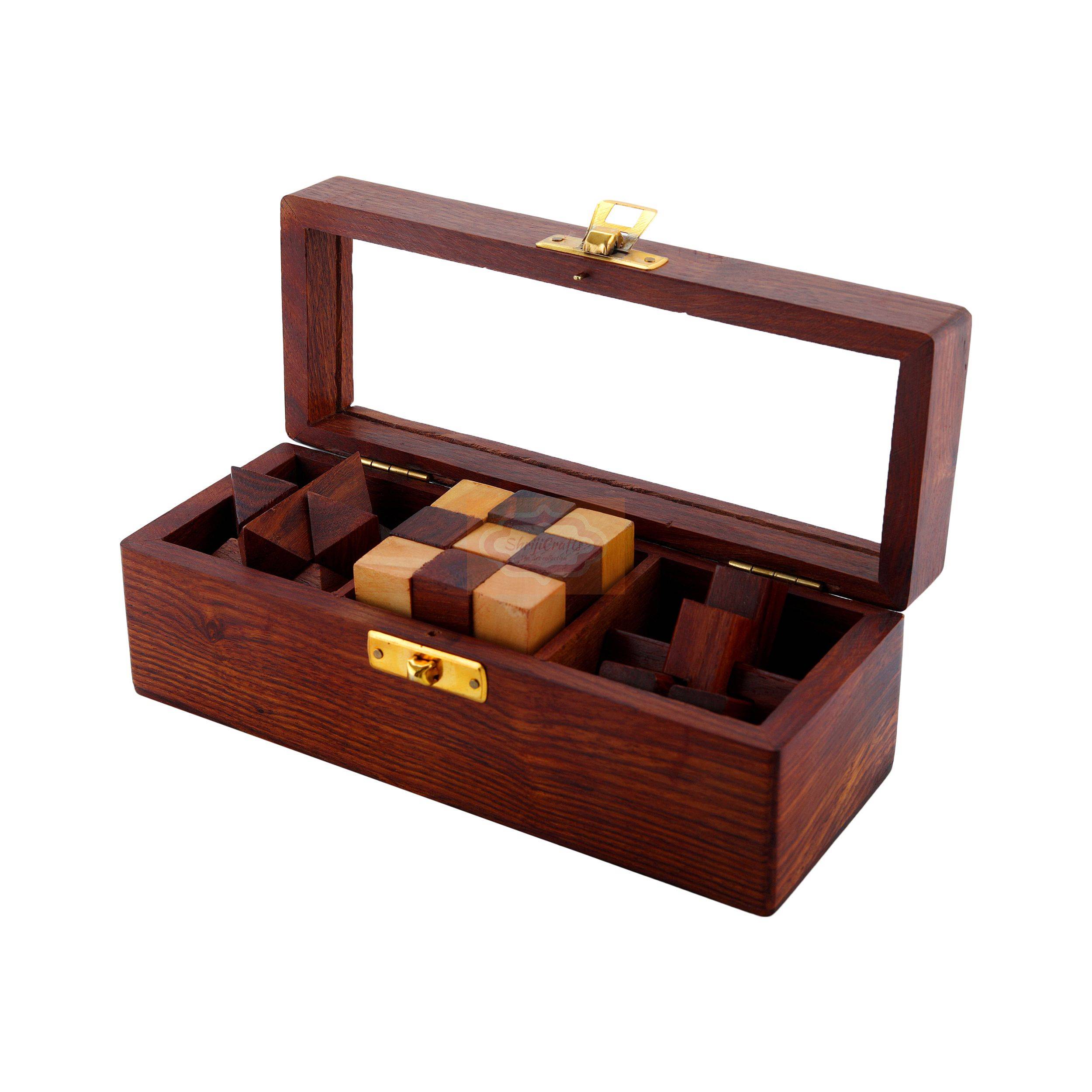 Handcrafted wooden 3-piece interlocking puzzle set made from premium Indian Sheesham wood — handcrafted wooden product by Shrijicrafts