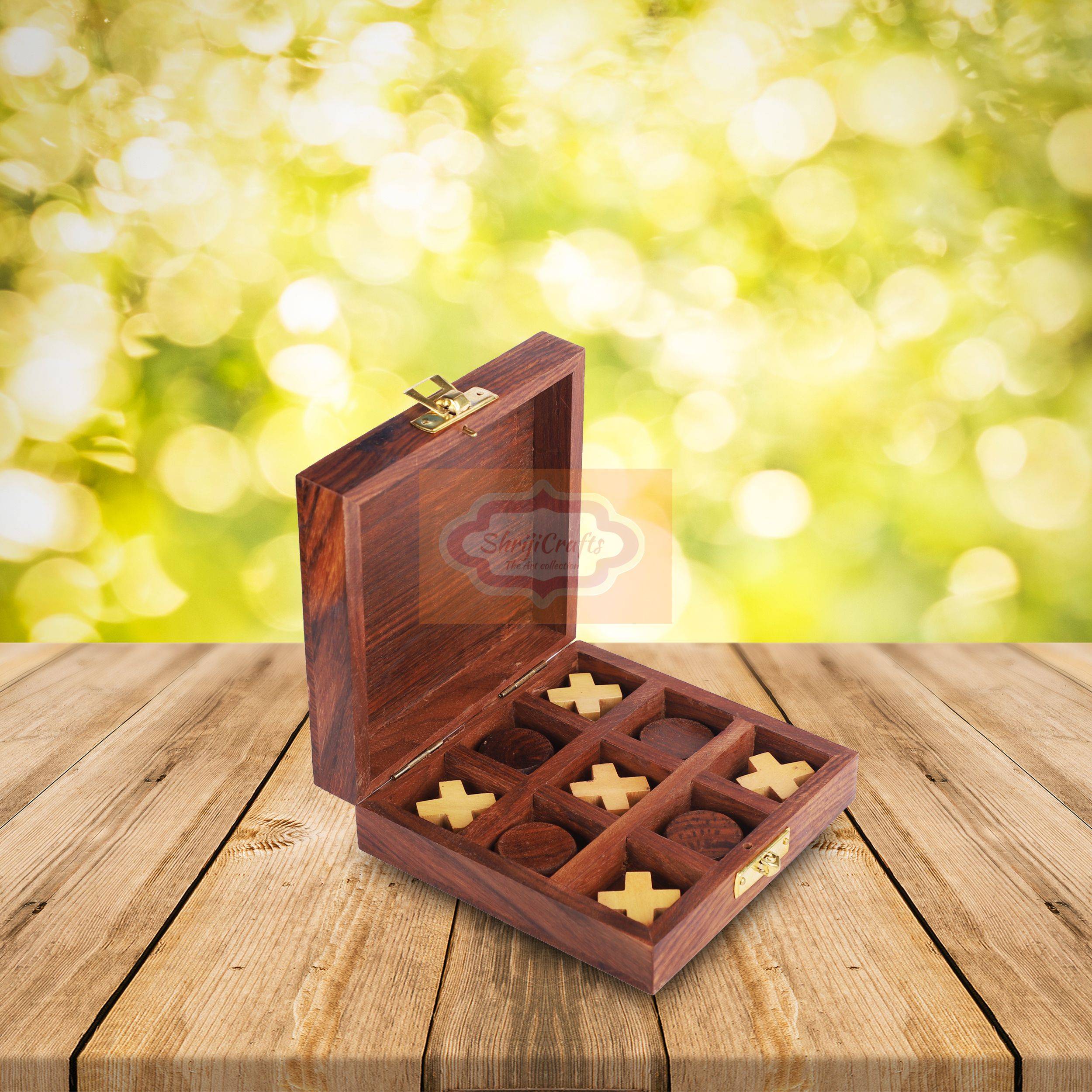 Handcrafted wooden Tic Tac Toe game with a built-in storage box - View 2